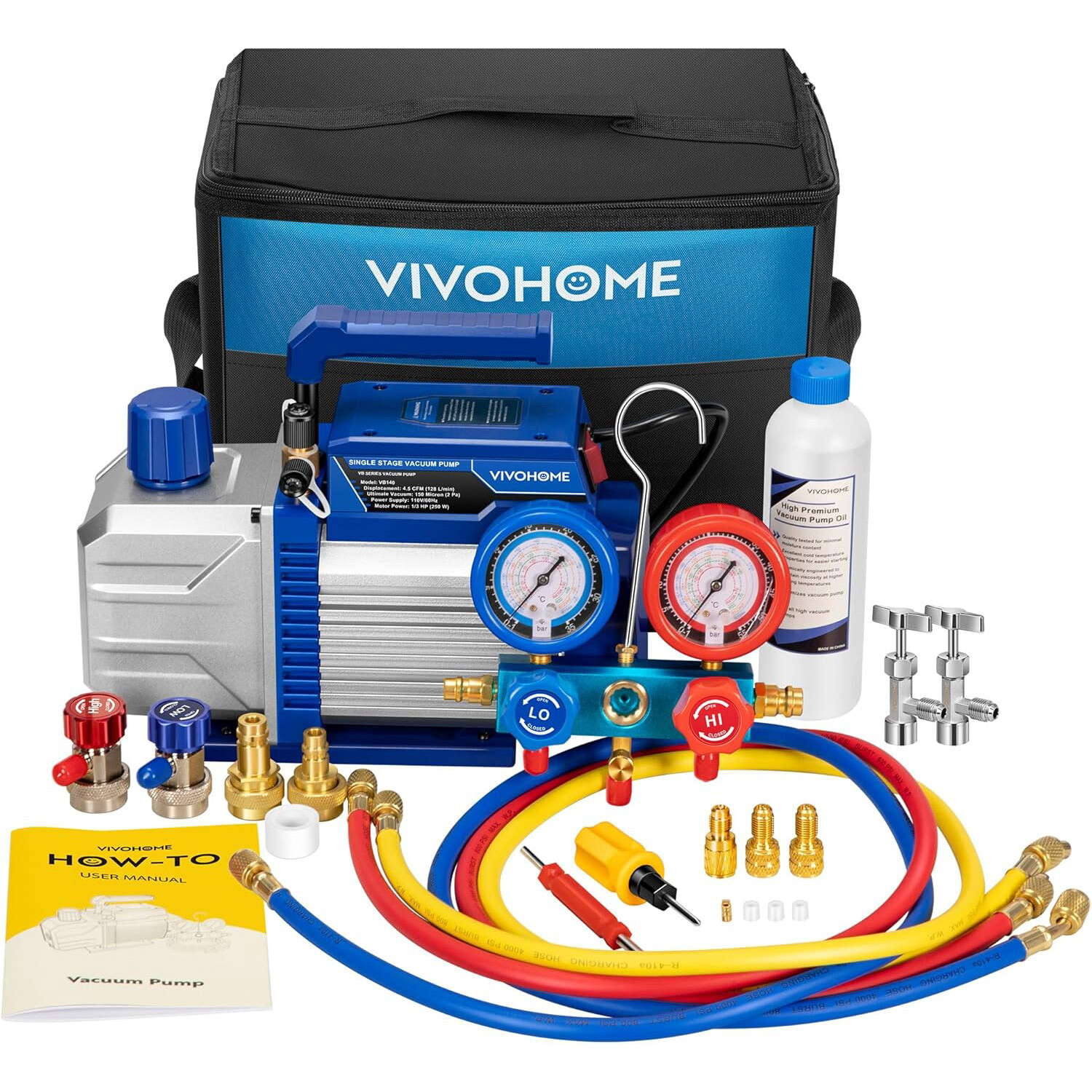 4.5 CFM 1/3 HP HVAC Vacuum Pump & 3-Way Manifold Gauge Set for R1234yf R134a R32