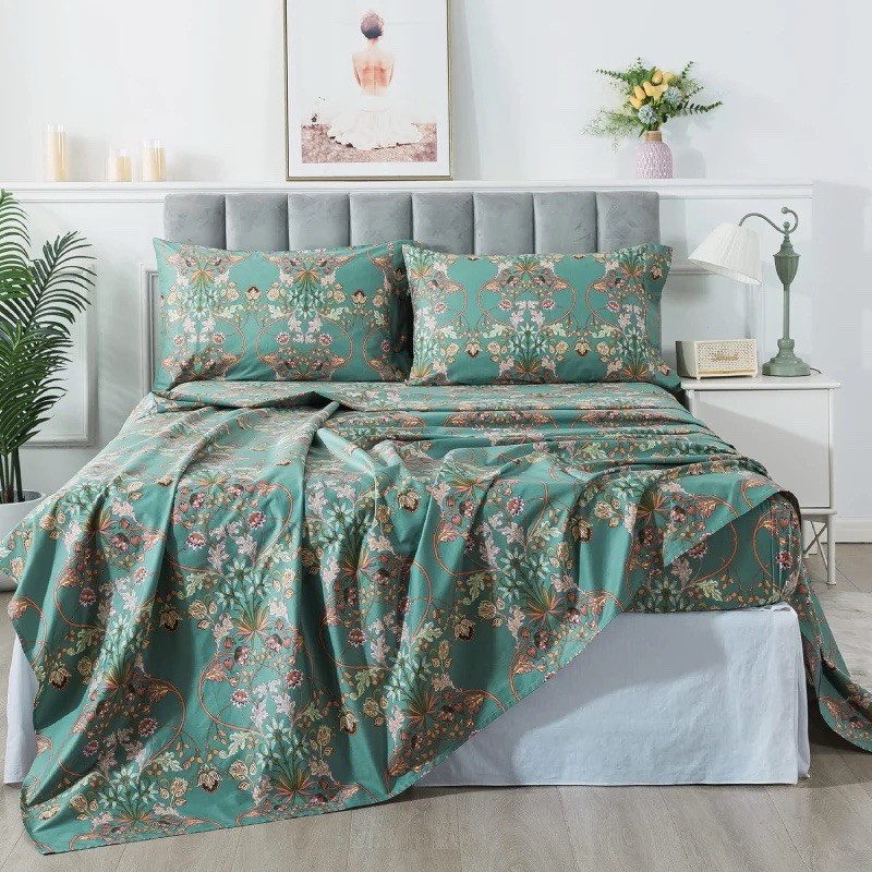 FADFAY Bedding Sheet Set King American Country Colorful Floral 100% Cotton Deep