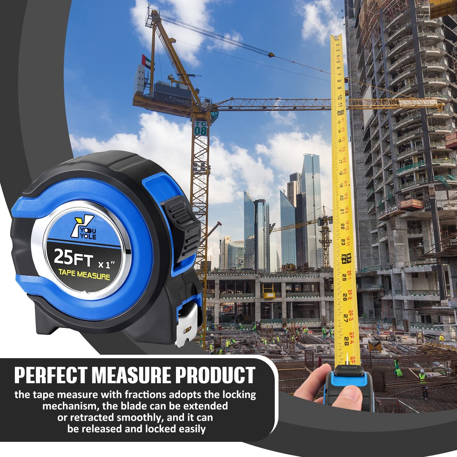 Youyole 24 Pack Tape Measure with Fractions 1/8 Steel 25 ft X 1 in, Blue