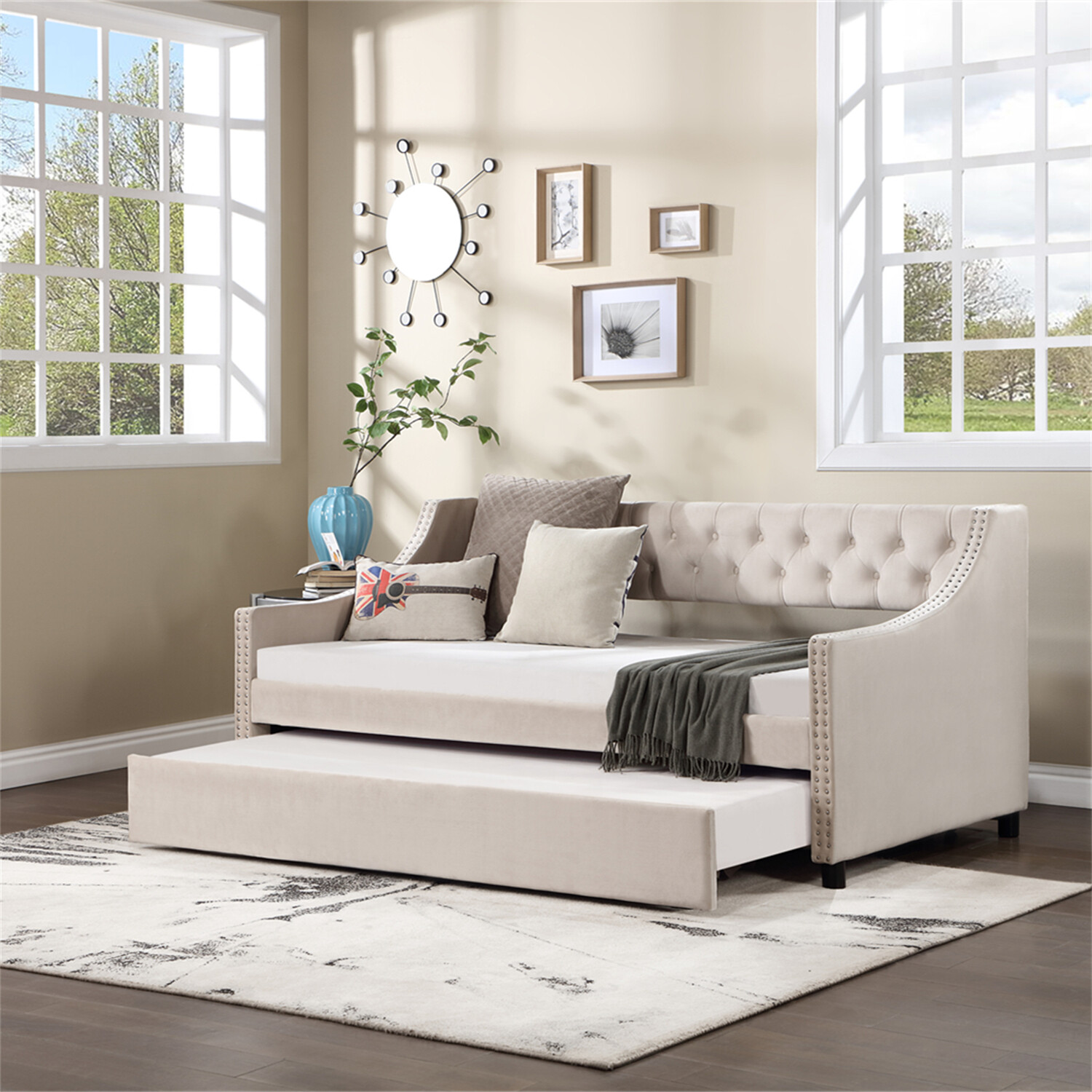 Twin/Full Size Daybed Upholstered Bed Frame Sofa Bed with Trundle Bed Beige/Grey