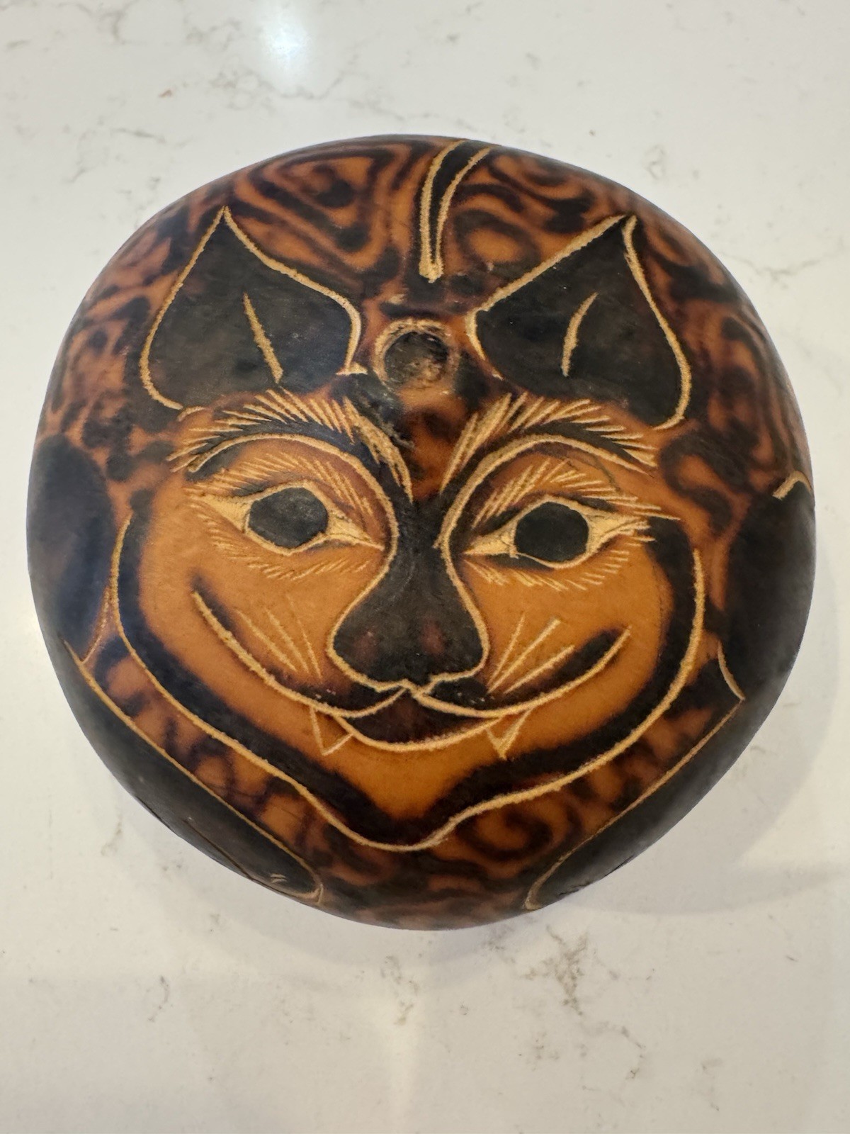 Peruvian Burned Folk Art Cat Gourd Handcarved Decor