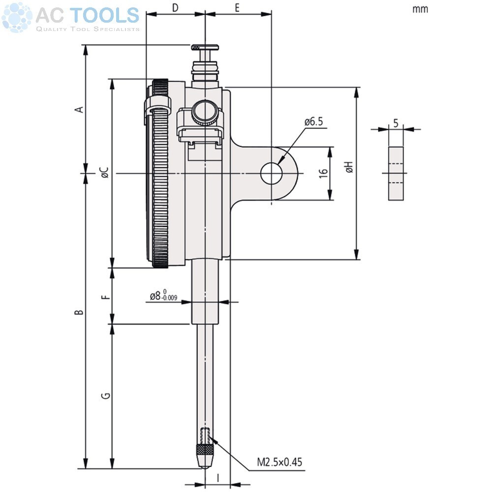 Mitutoyo Dial Indicator - Metric (20mm) With Rear Mounting Lug 2050A