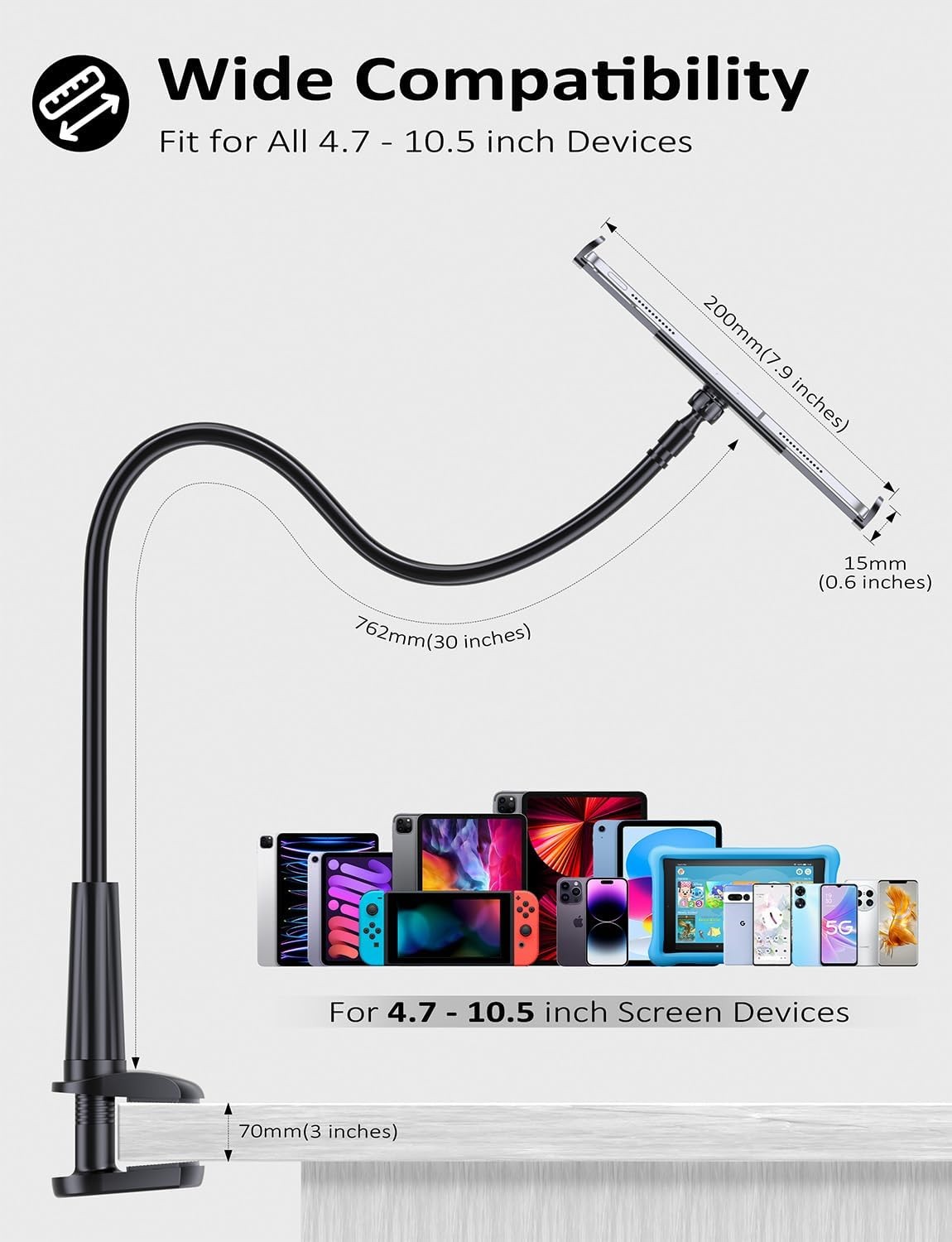 Gooseneck Tablet Holder Stand for Bed Adjustable Flexible Arm Tablets Mount