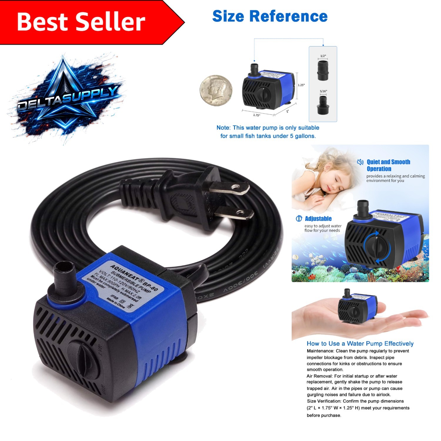 80 GPH Submersible Fountain Pump for Aquariums and Hydroponics - Compact Design