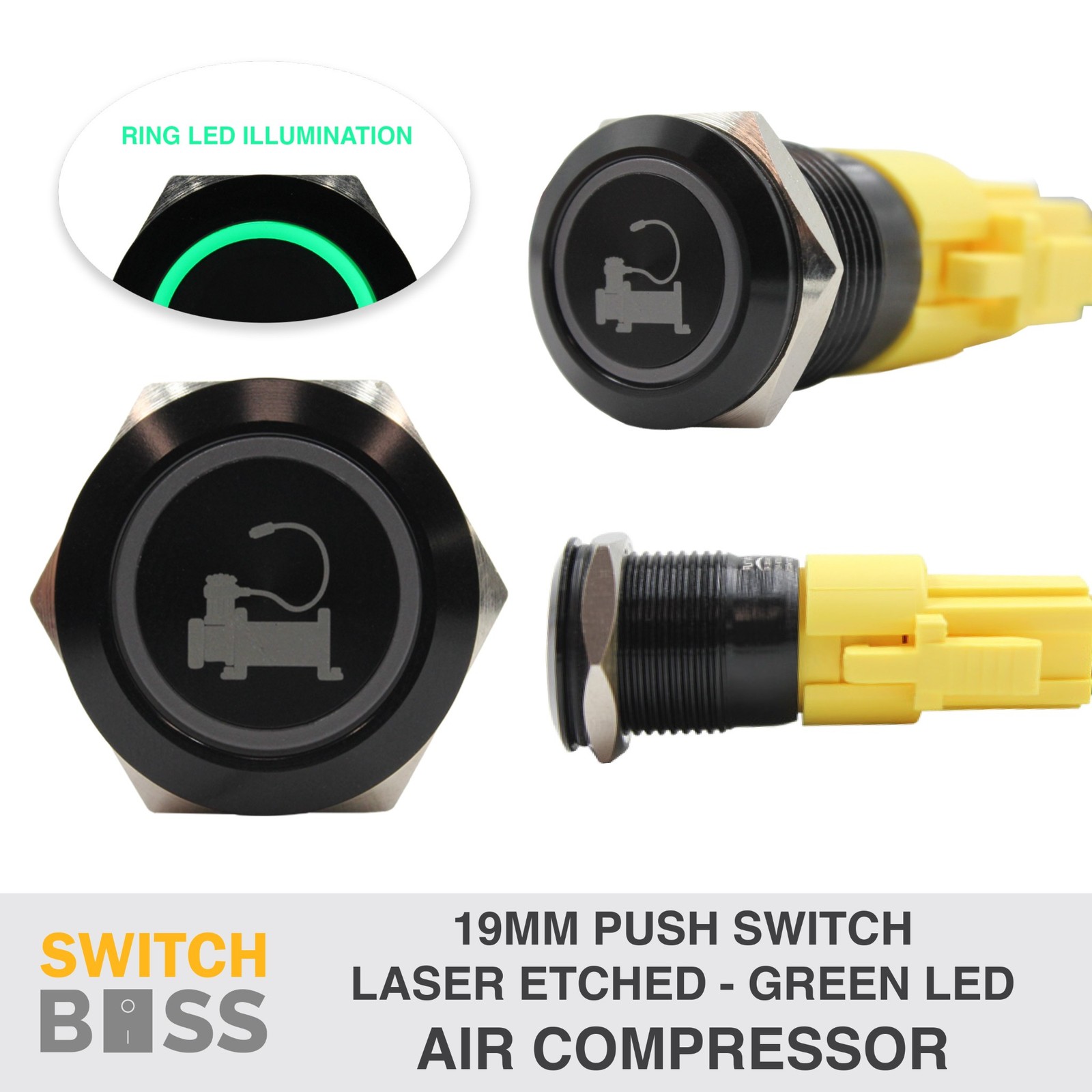 GREEN RING LED Custom Laser Etched 19mm Push Button Switch R19 12v ALL STYLES