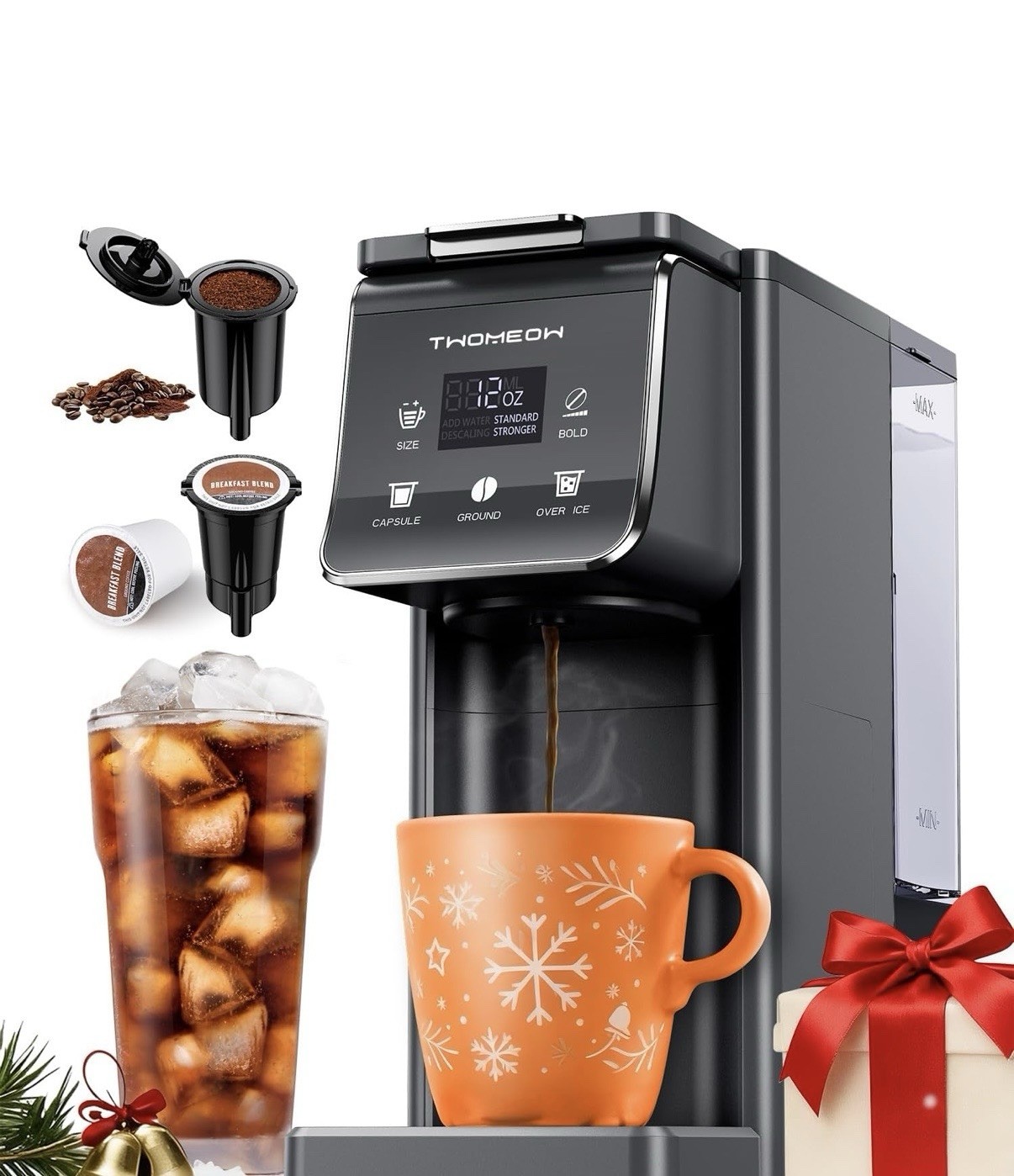 THOMEOW KM802 K Cup Pod & Ground Coffee Maker, 52oz Tank, Black, Removable Tray