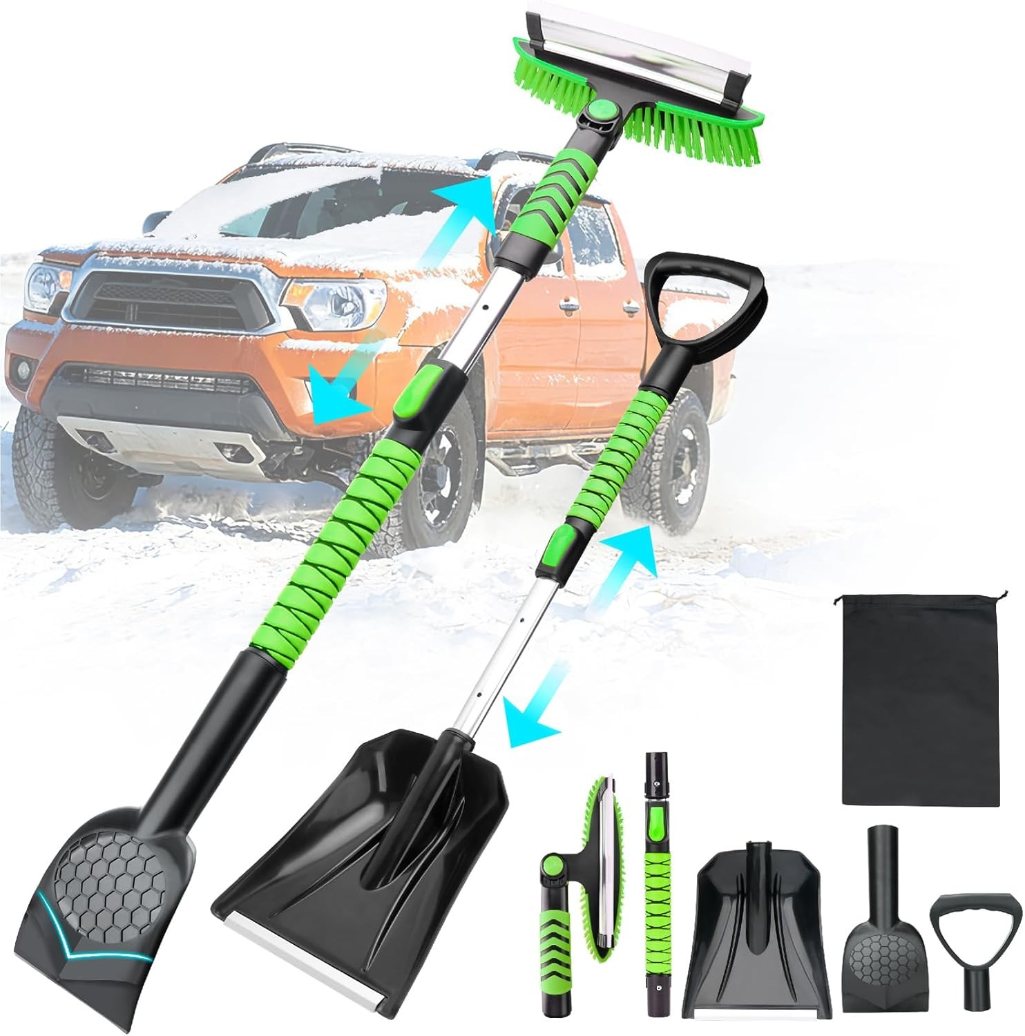 43.3'' Snow Shovel & Brush w/ Ice Scraper, Extendable 5-in-1 for Cars SUVs