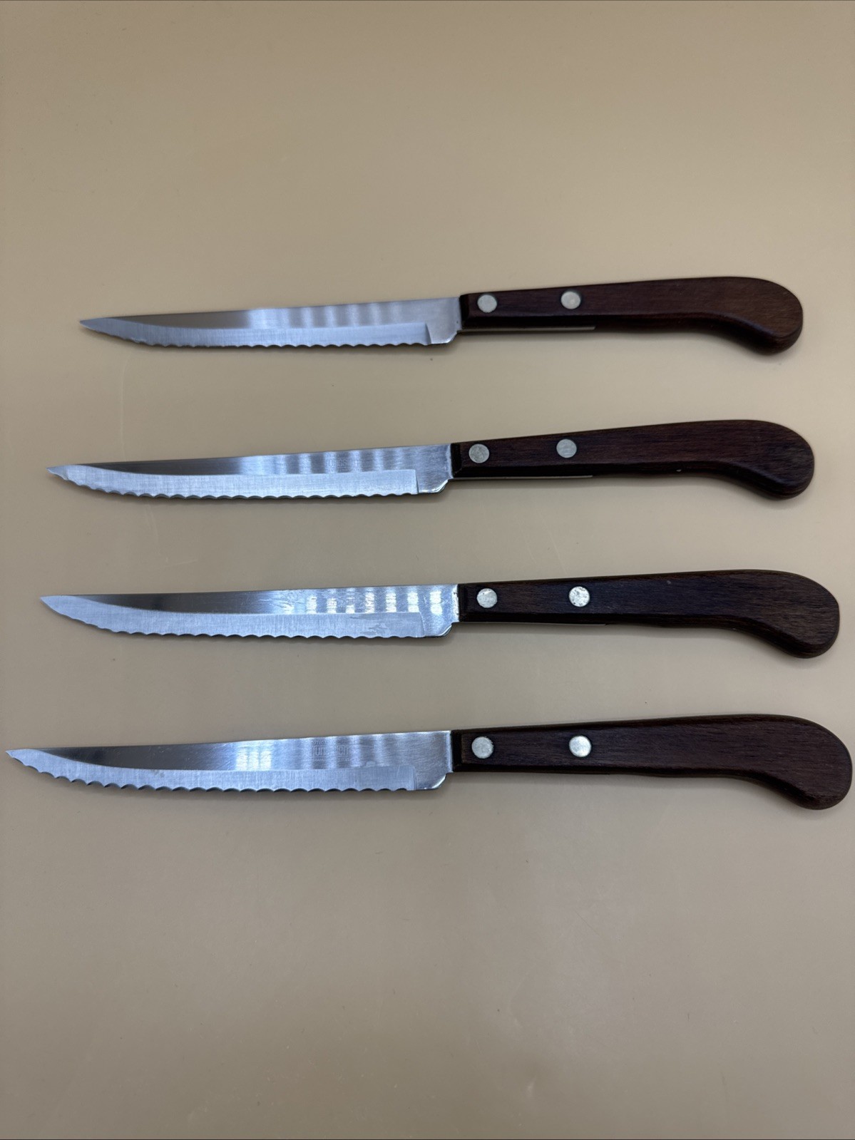 UTICA Tungsten Stainless Steel Serrated Knife Wooden Handle 5" blade-  LOT OF 4