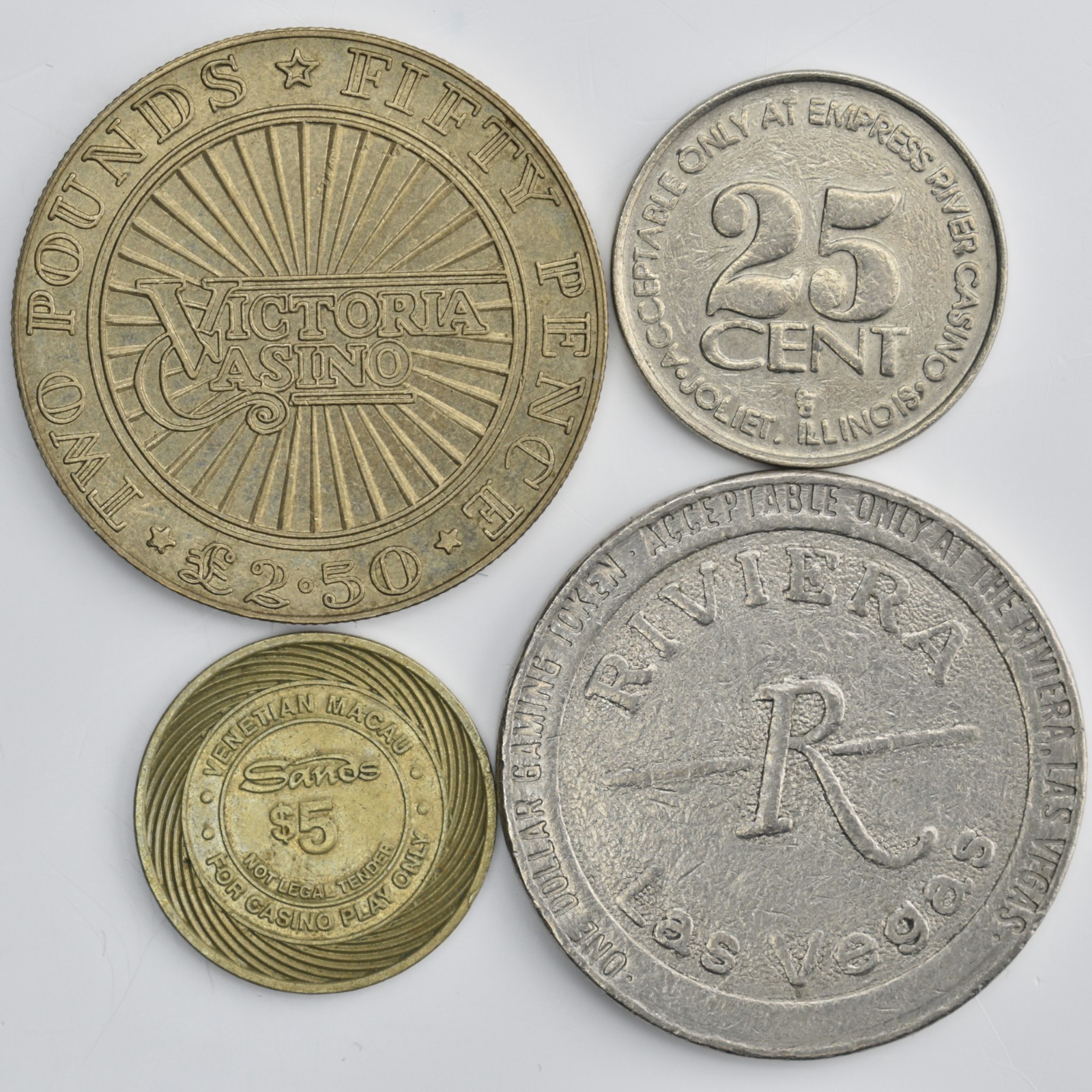 4 Casino Token Chips Riviera Las Vegas Victoria London Sands Macau Empress River