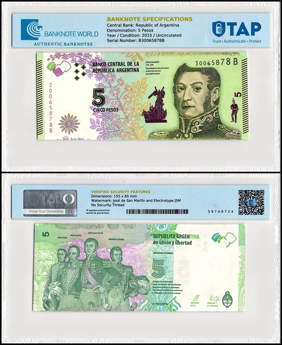 Argentina 5 Pesos, 2015 ND, P-359, UNC, TAP Authenticated