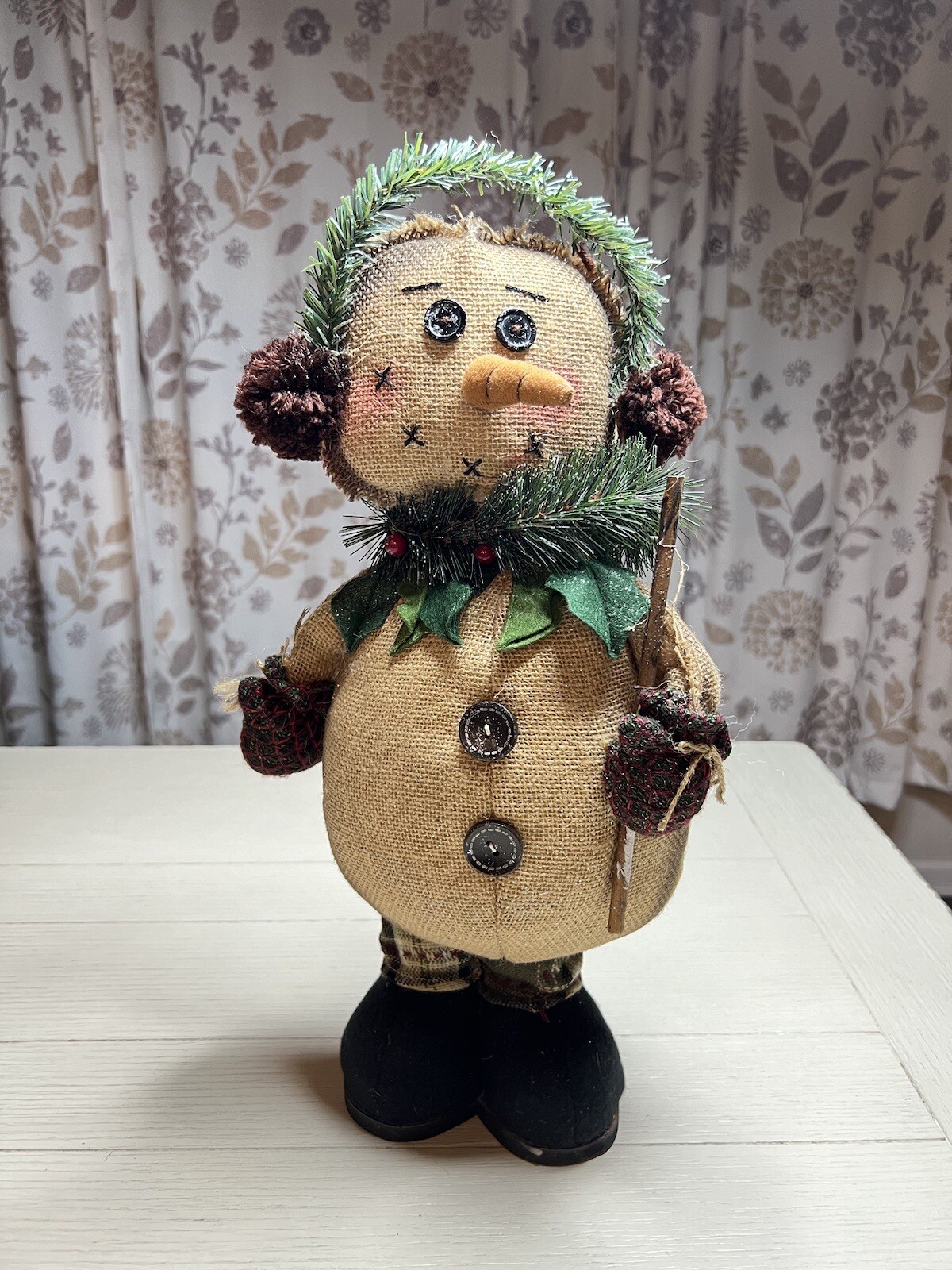 Hannah’s Handwork’s Stuffed Burlap Snowman Button Eyes Ear Muffs 17”