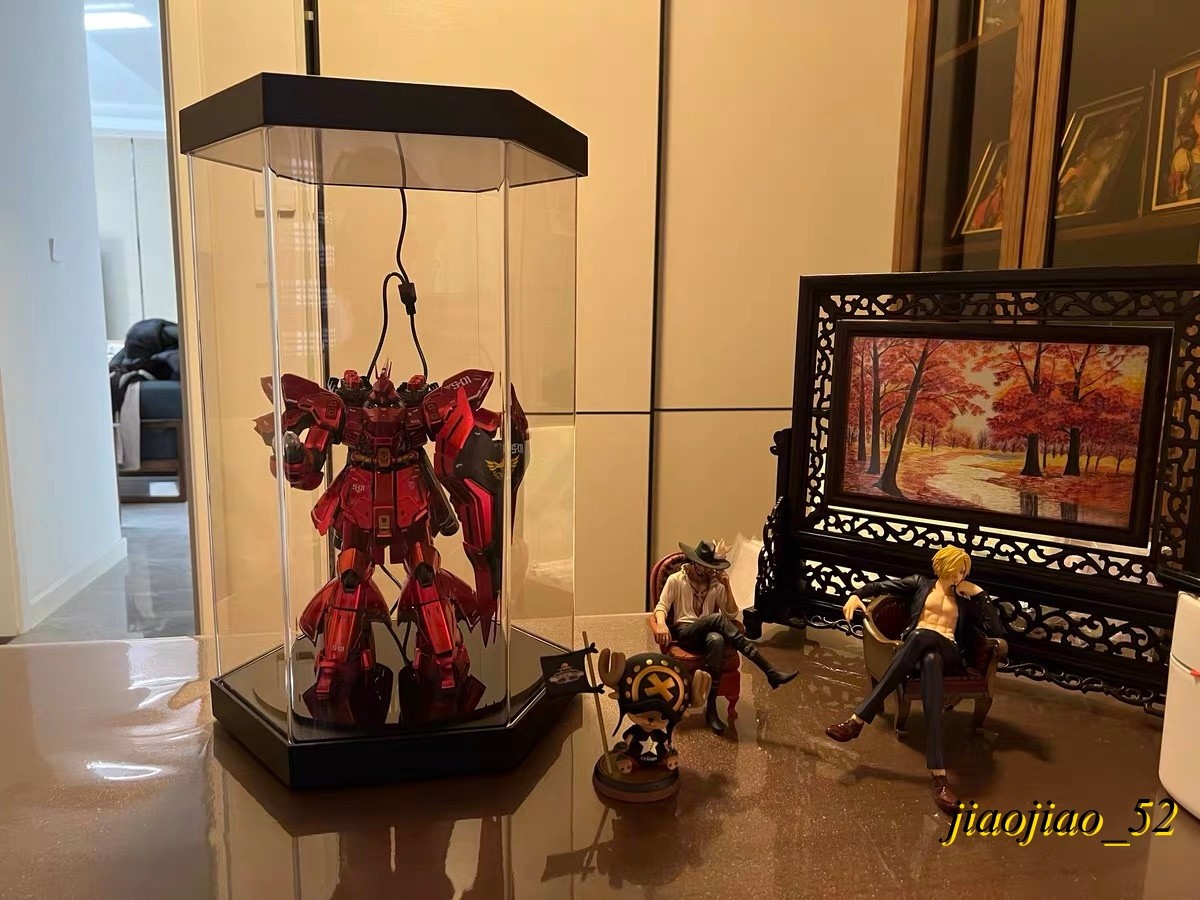 LED Rotating Hex Acrylic Display Box Silent Turntable Figure Model Dust Showcase