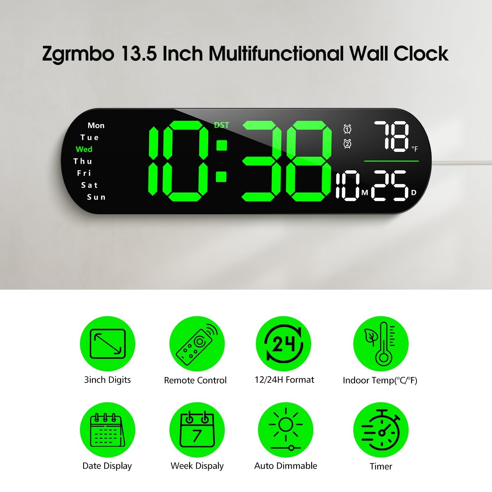 Zgrmbo Digital Wall Clock, 13" Large Display Digital Clock with Remote Contro...