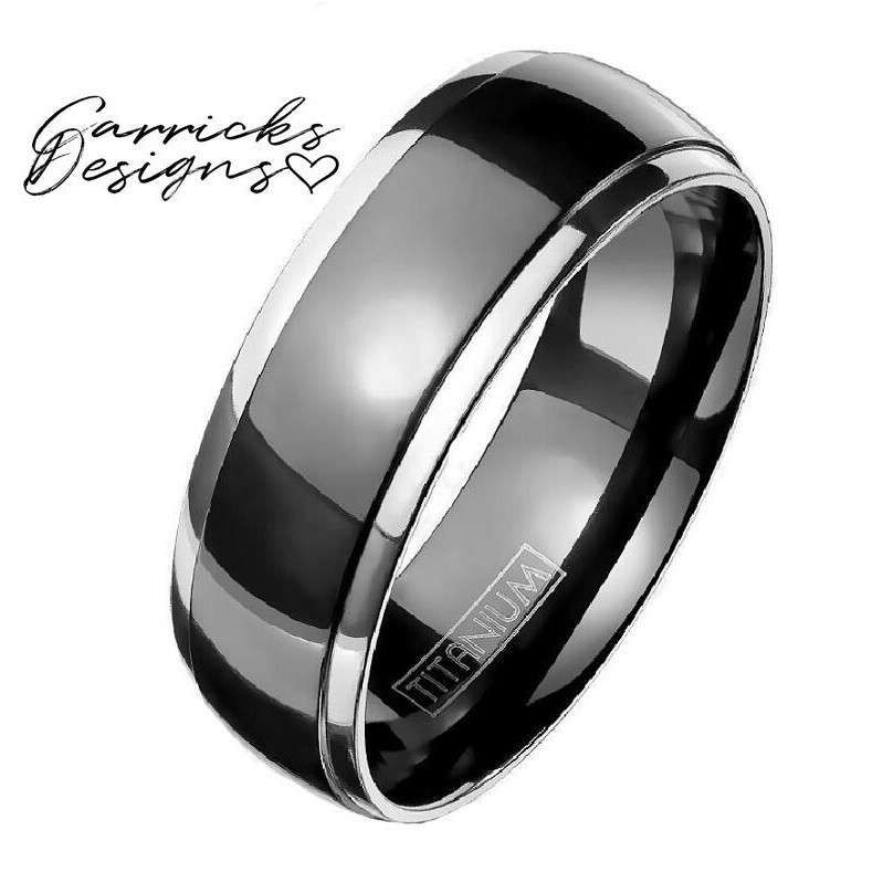 Men's Black Titanium Wedding Ring Band - Black With Silver step Edges