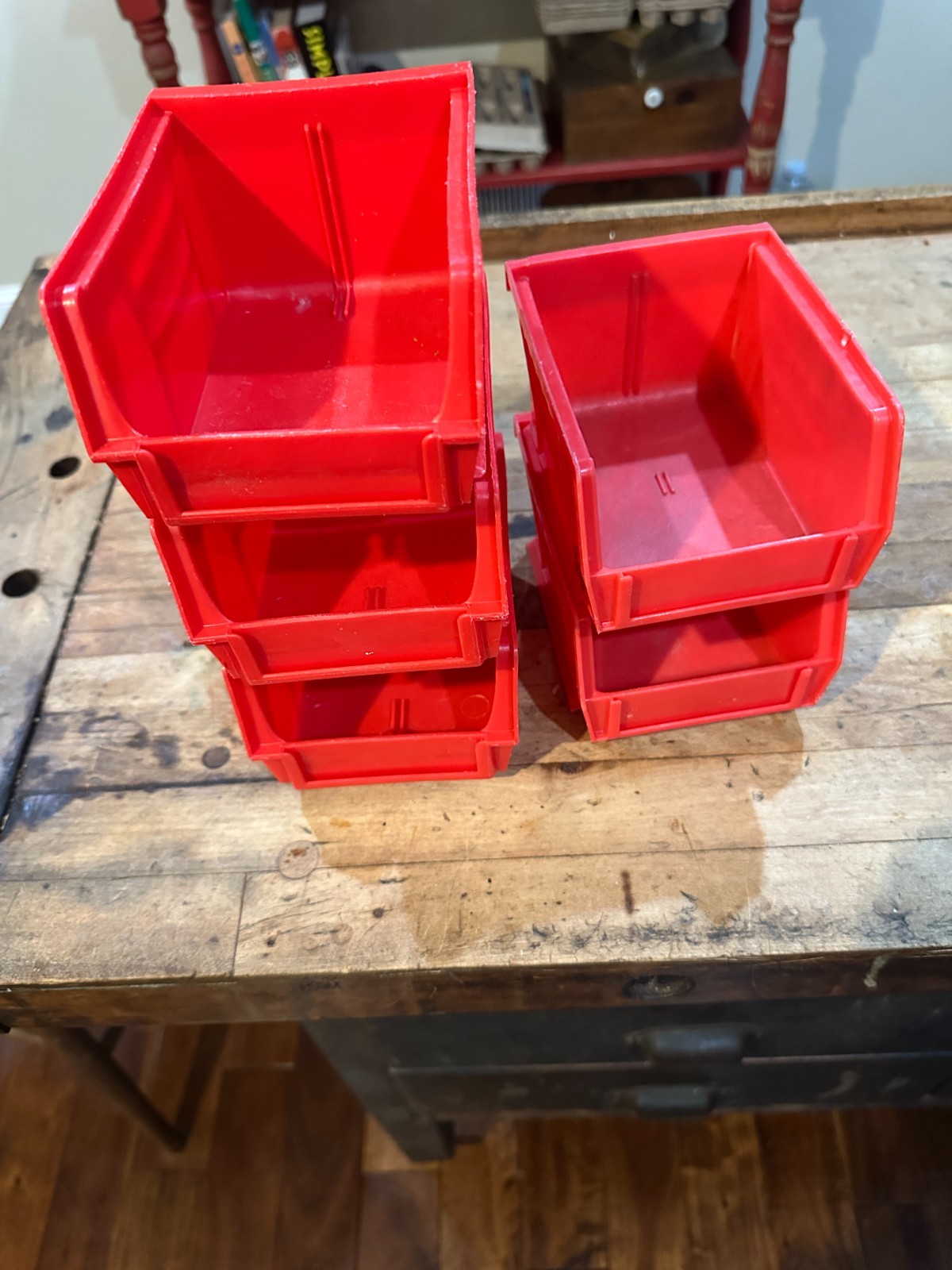 5 pc  Stack Storage Bin, red , Plastic,  5-3/8 x 4-1/8 x 3 inch