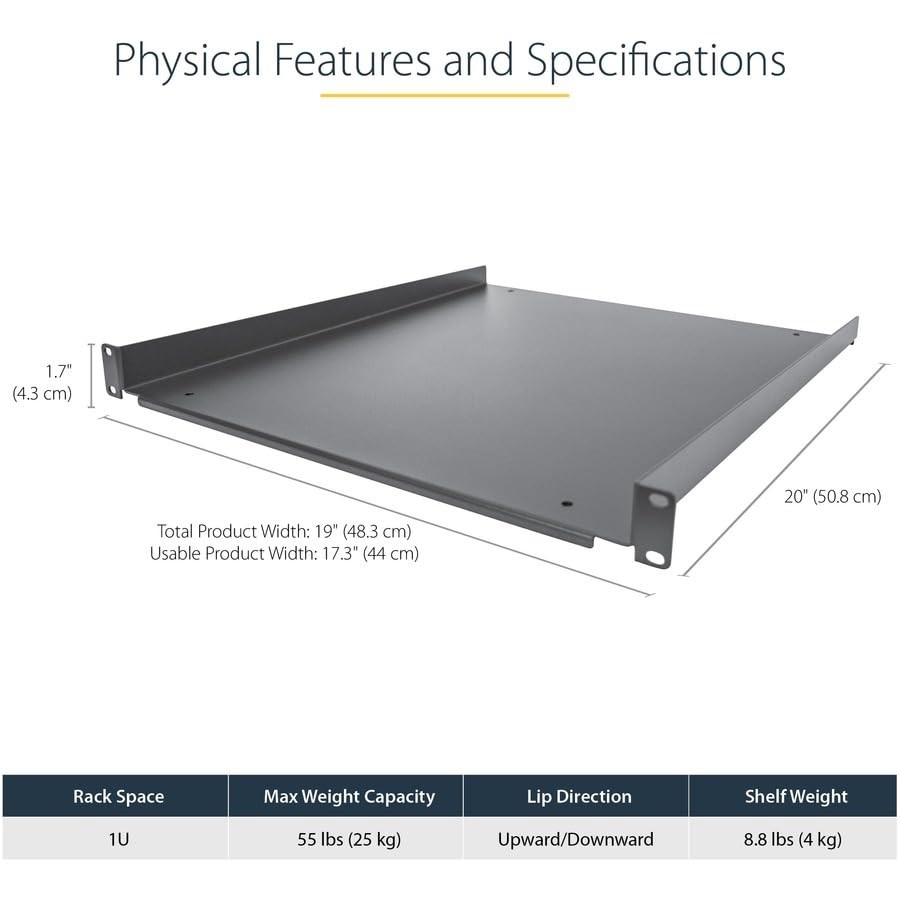 StarTech 1U Server Rack Cabinet Shelf Fixed 20" Deep Cantilever Rackmount Tray