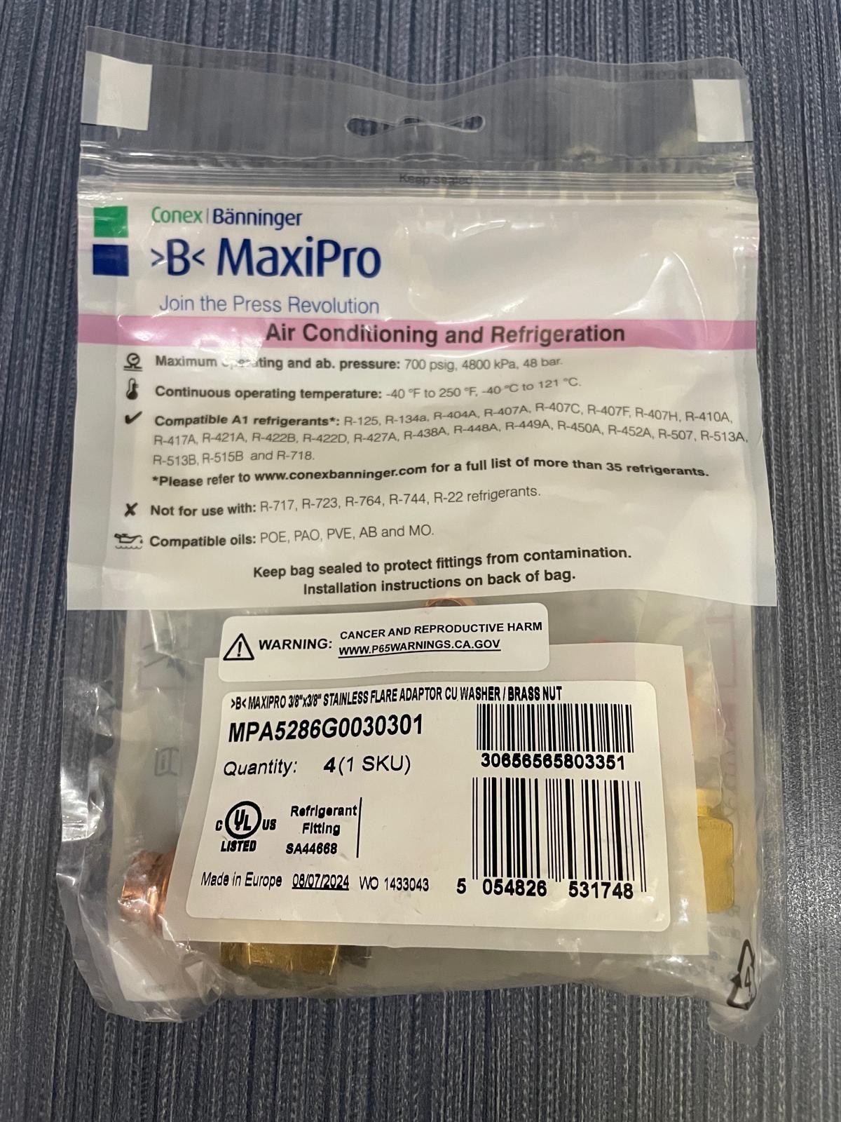4 x Banninger MaxiPro MPA5286G0030301 3/8" COMPLEX FLARE ADAPTOR PRESS FIT