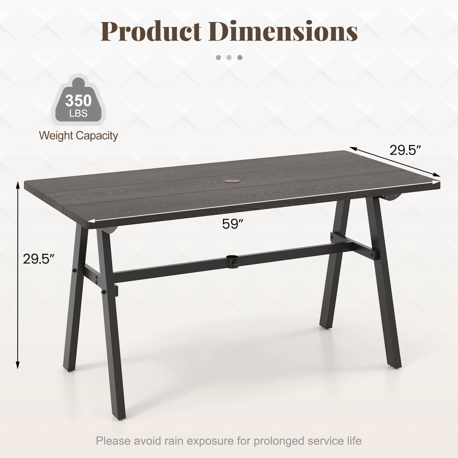 59" x 29.5" Rectangle Rustproof Patio Dining Table with 1.93" Umbrella Hole