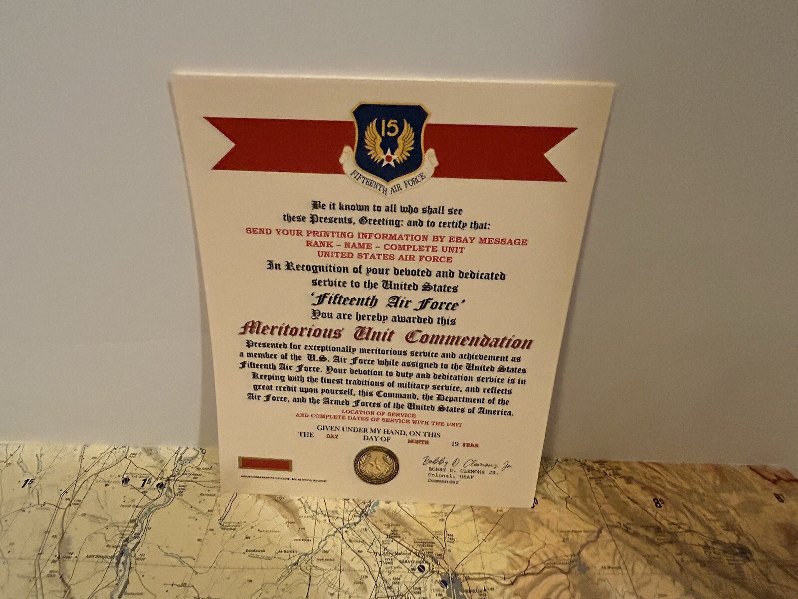 U.S. AIR FORCE / 15TH AIR FORCE - MERITORIOUS UNIT COMMENDATION CERTIFICATE