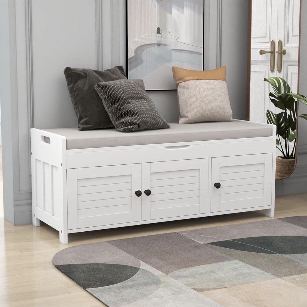 SOFTSEA White Storage Bench Wood, 3 Shutter Doors, Removable Cushion, Entryway