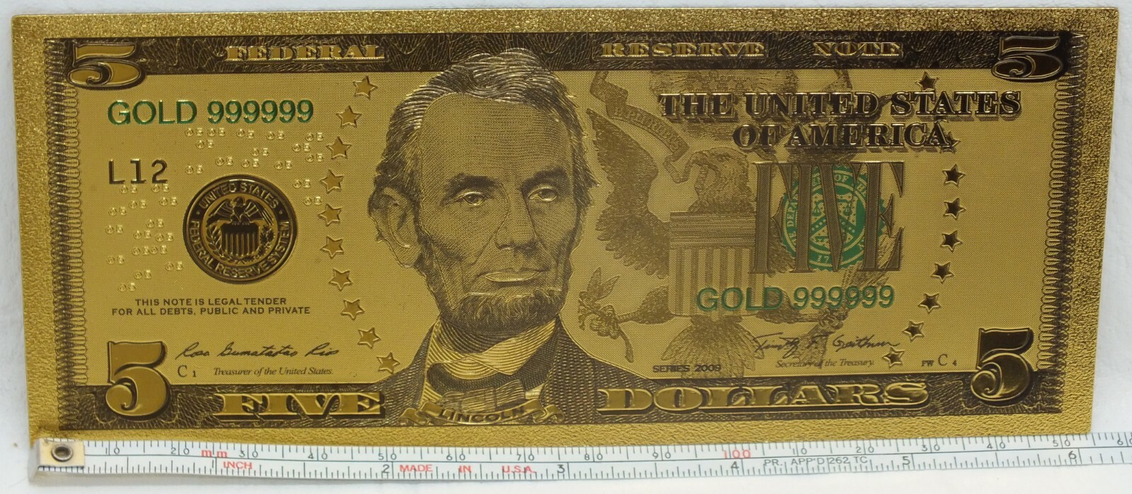 2009 $5 Federal Reserve Note Novelty 24K Gold Foil Plated Note Bill 6" - GFN19