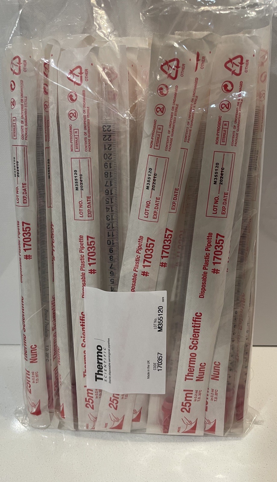 THERMO SCIENTIFIC Polystyrene 25mL Nunc Serological Pipette 170357 (50/pack)