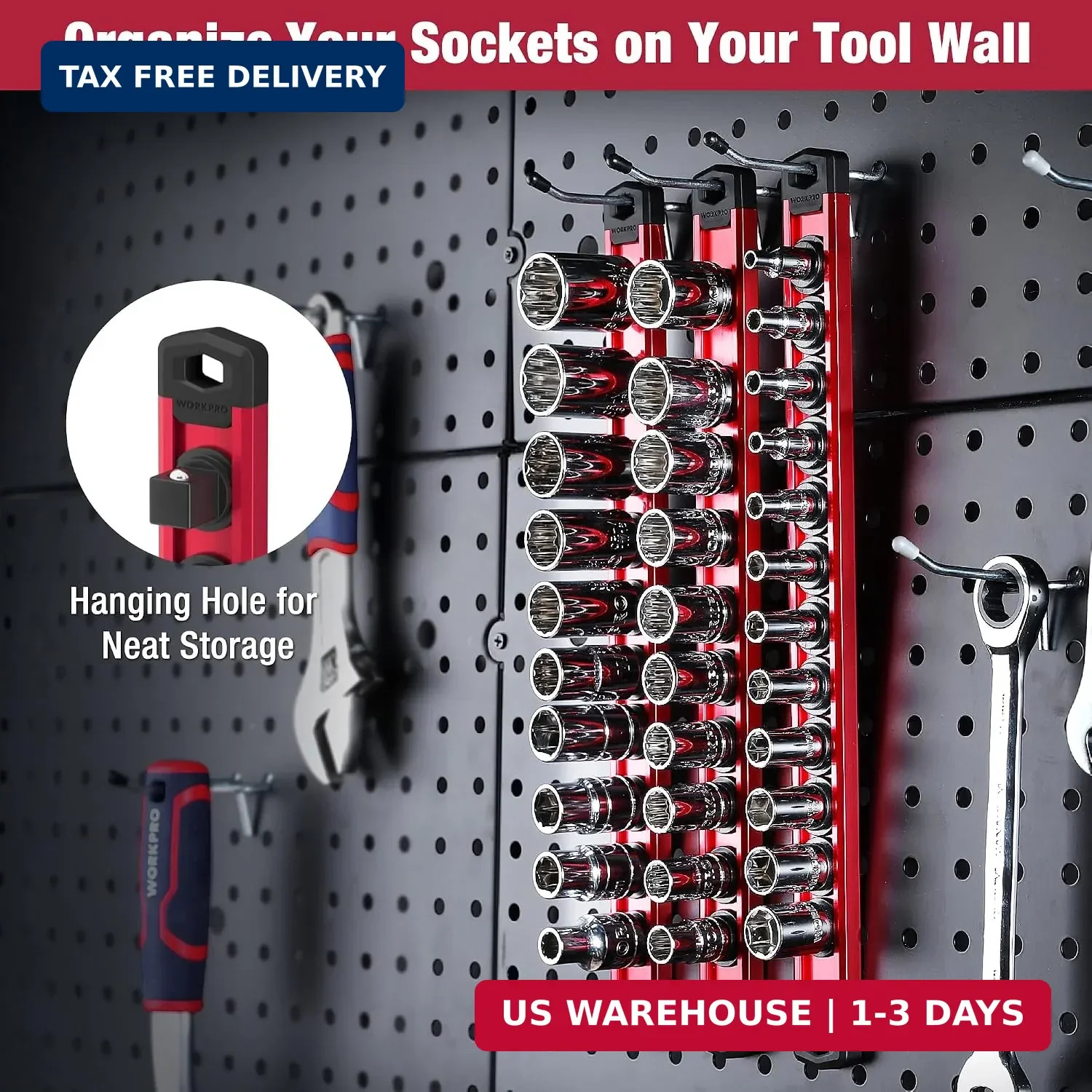 WORKPRO Magnetic Socket Organizer, Heavy Duty 3/8-Inch Drive Socket Rail | 1 Pie