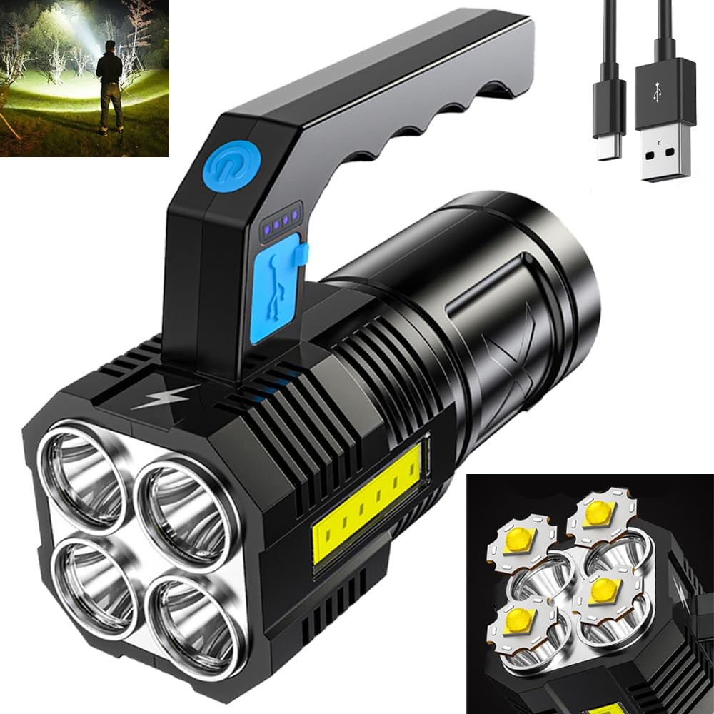 LED Flashlight Rechargeable Spotlight with Handle & Side Spot Light