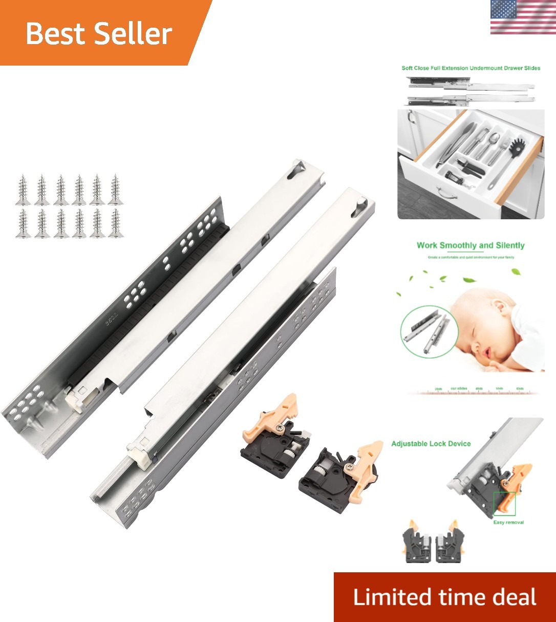 Undermount Soft Close Drawer Slides, 22 Inch, 100lb Capacity - 6 Pairs