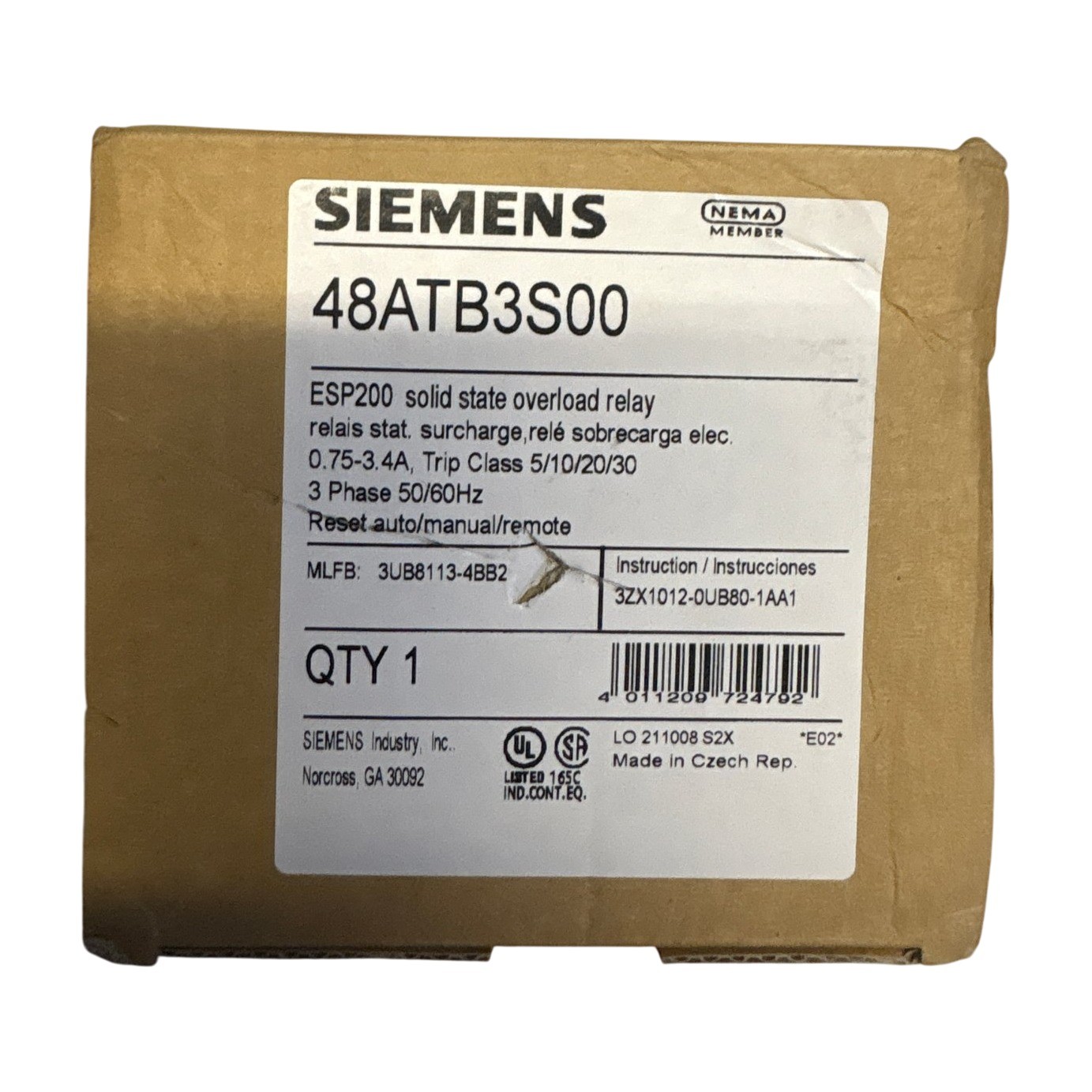 Siemens 48ATB3S00 ESP200 0.75-3.4A 3Ph Solid State Overload Relay 3UB8113-4BB2