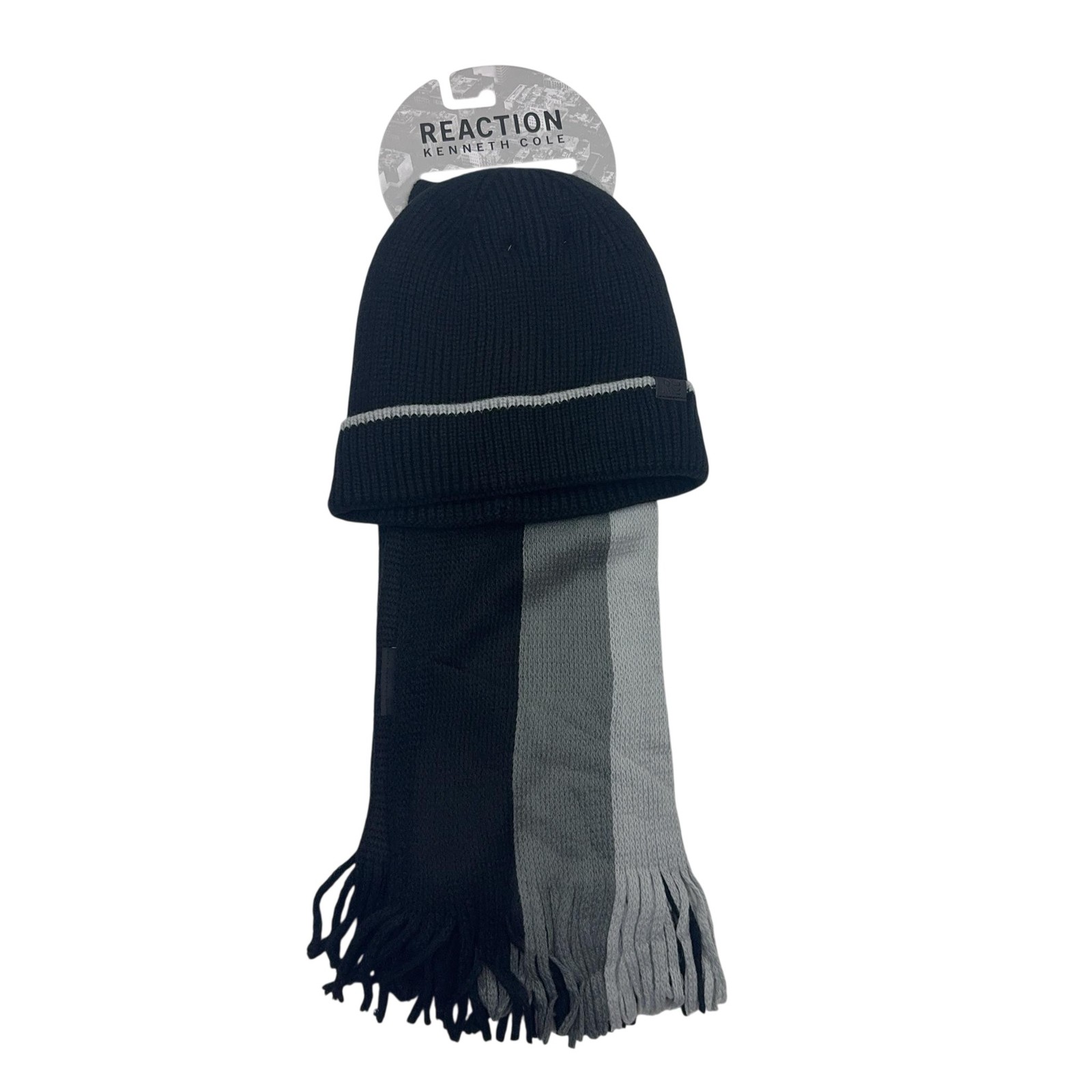 Kenneth Cole Reaction Hat & Scarf Set Mens One Size Black Stripe Fringe Knit