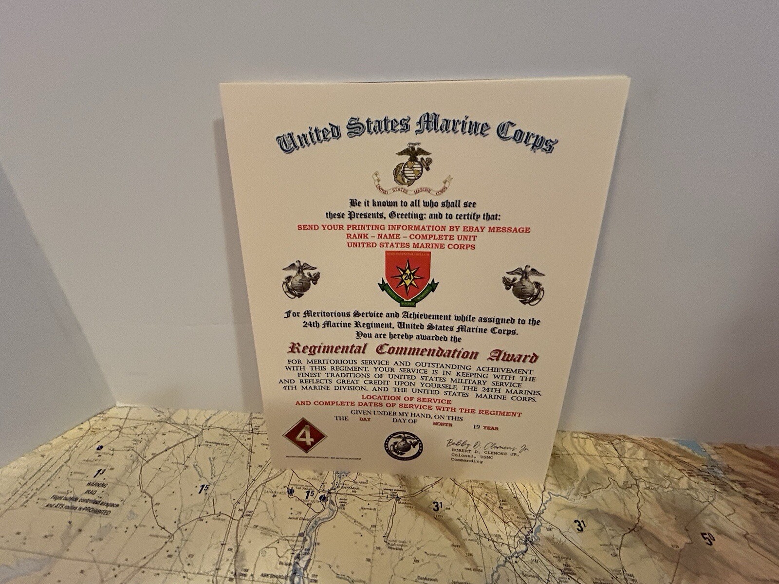 U.S.M.C. / 24TH MARINE REGIMENT - REGIMENTAL COMMENDATION AWARD CERTIFICATE