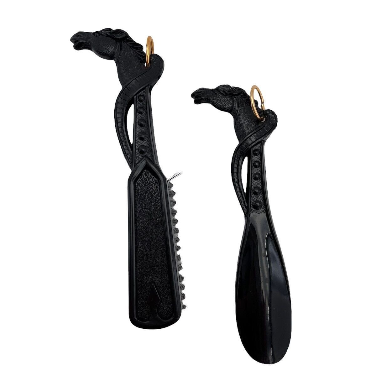 Vintage Horse Head Shoehorn & Brush Set Hanging Black Japan Plastic