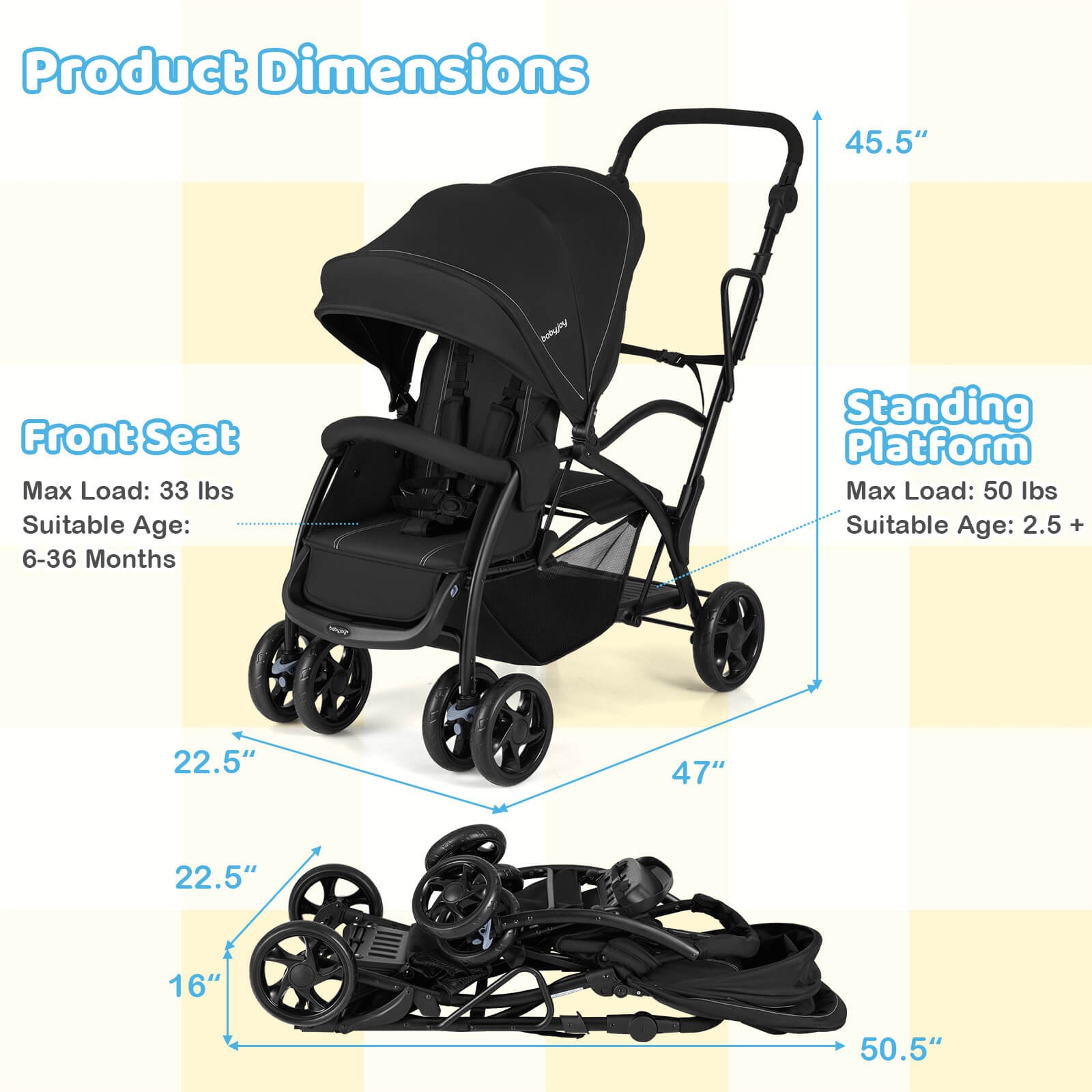 Sit & Stand Double Stroller w/Adjustable Handle Bar Backrests Footrest Canopies