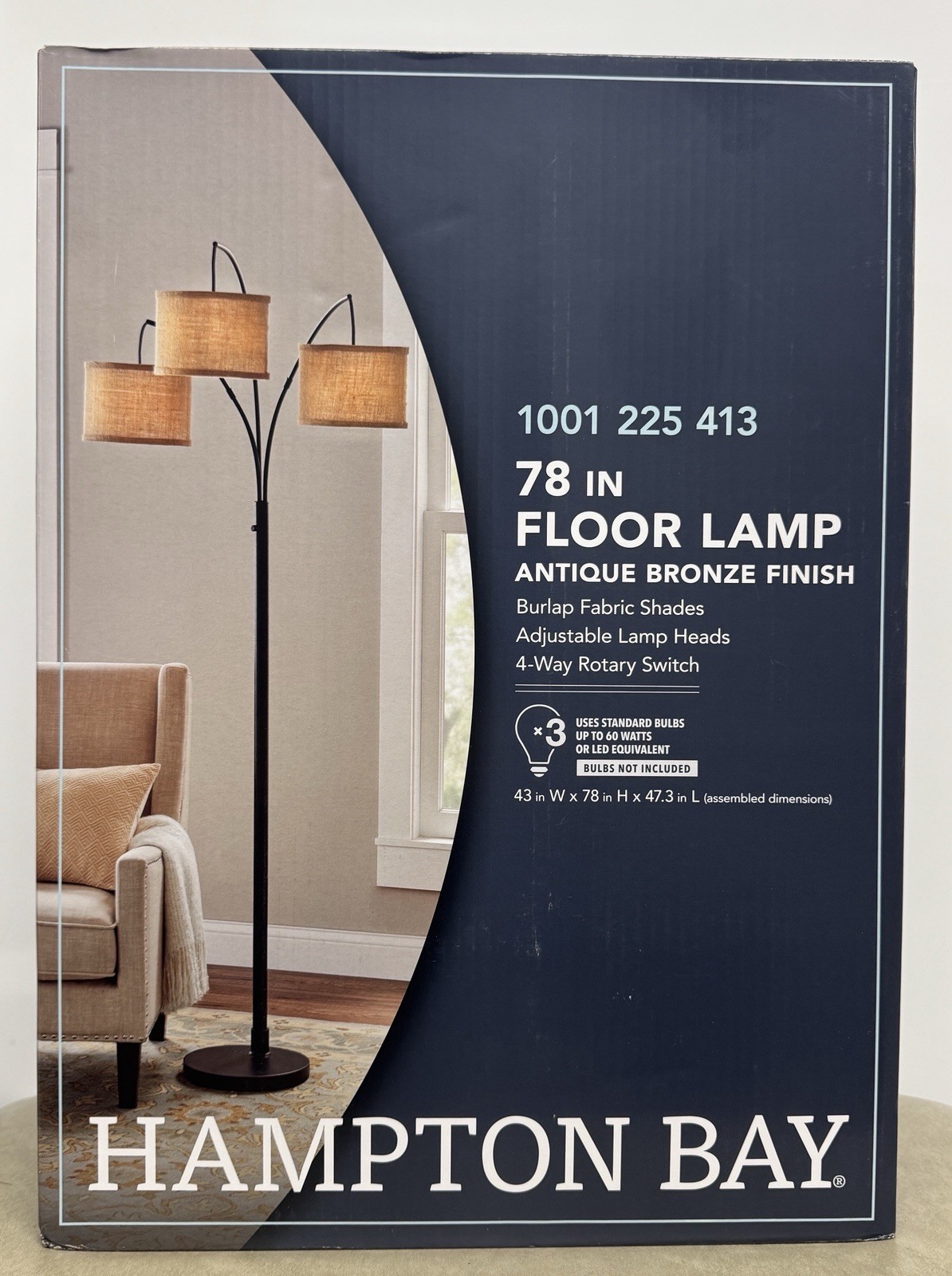 Hampton Bay 80 in. Antique Bronze 3 Arc Floor Lamp with Burlap Drum Shades