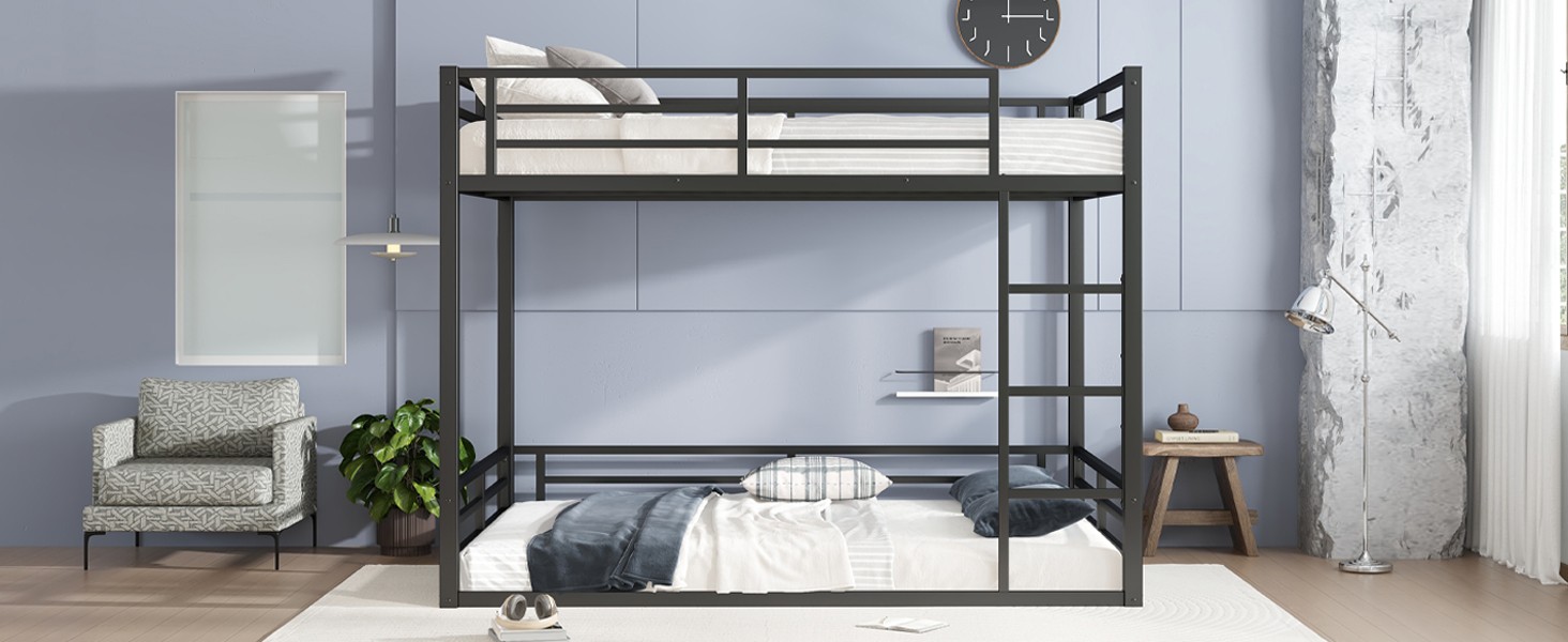 Metal Queen Over Queen Bunk Bed, Black, Space Saving, Noise Reduced