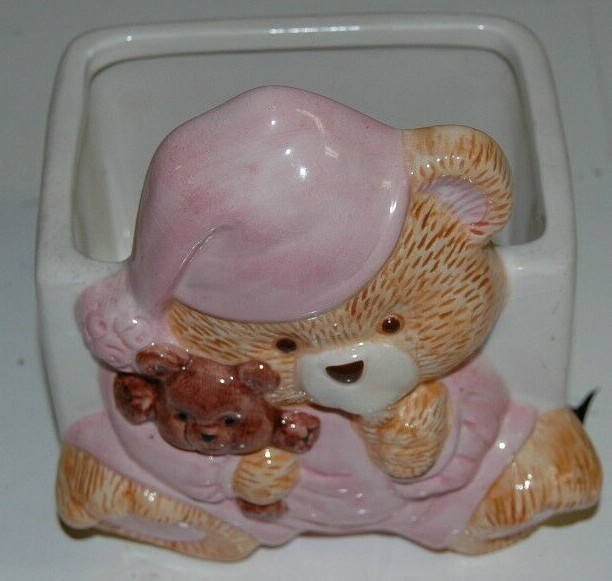 Cute Napco Ceramic Sleepy Bear Planter Moon Baby Night Time Teddy Holder
