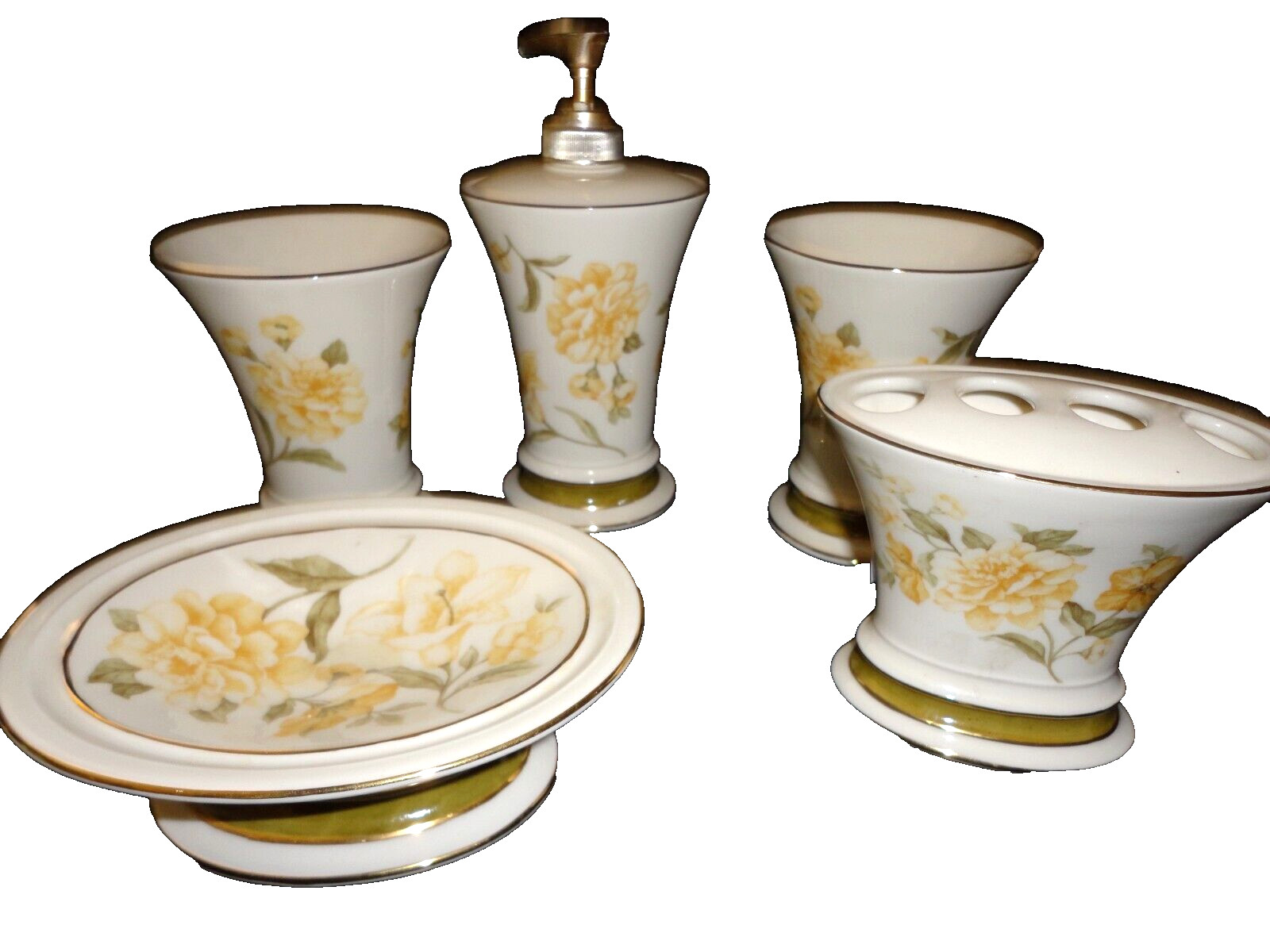 CROSCILL FRAGRANCE YELLOW GREEN GOLD FLORAL (5PC) TUMBLER, LOTION, T/BRUSH, DISH