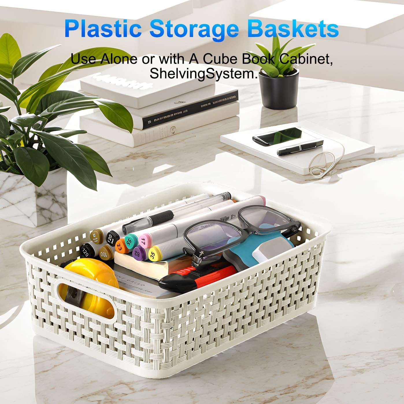 White Plastic Basket, 8 Pack Home Organization and Storage Baskets with Handl...