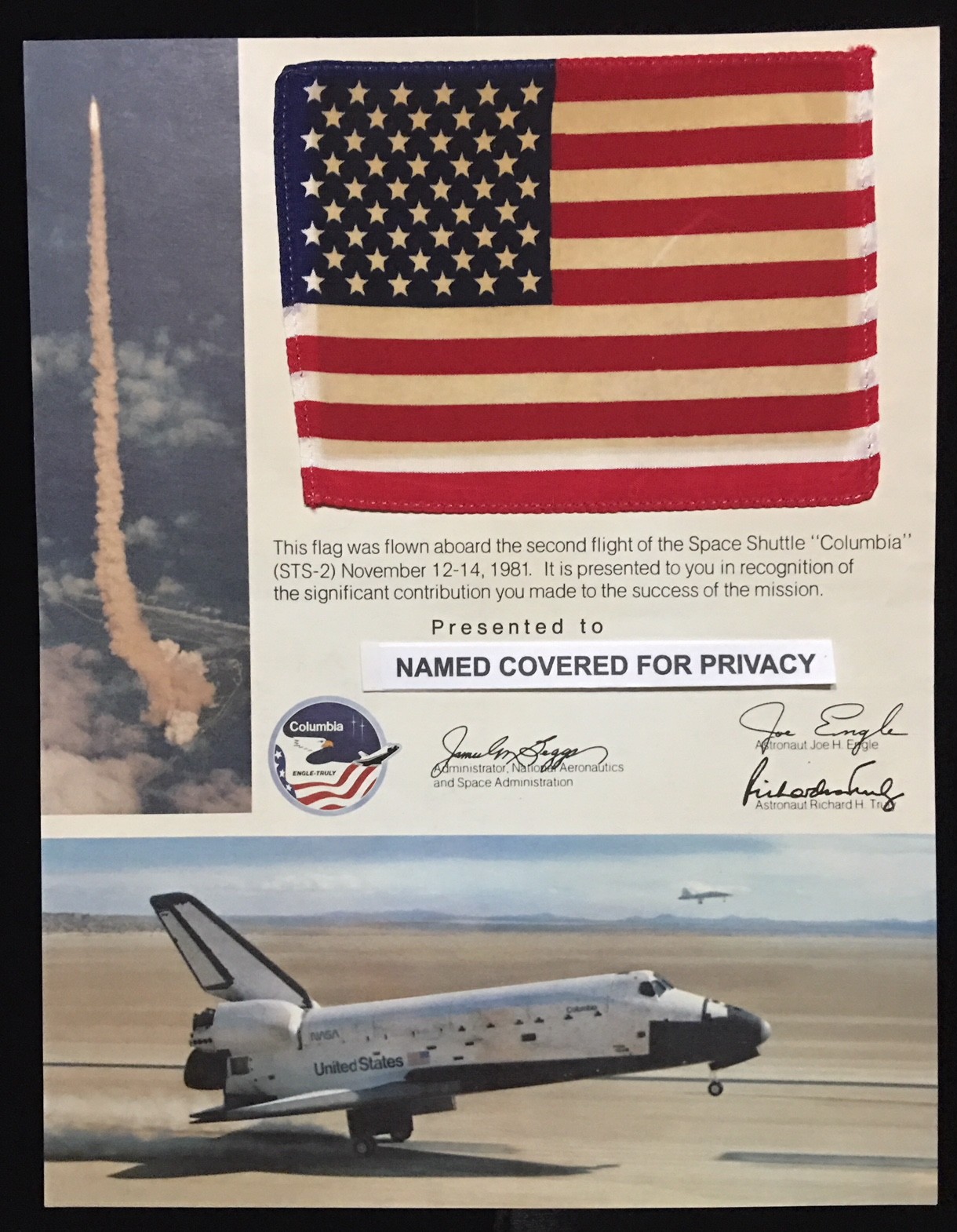 STS-2 SPACE SHUTTLE COLUMBIA MISSION FLOWN IN SPACE 🇺🇸 FLAG PRESENTATION