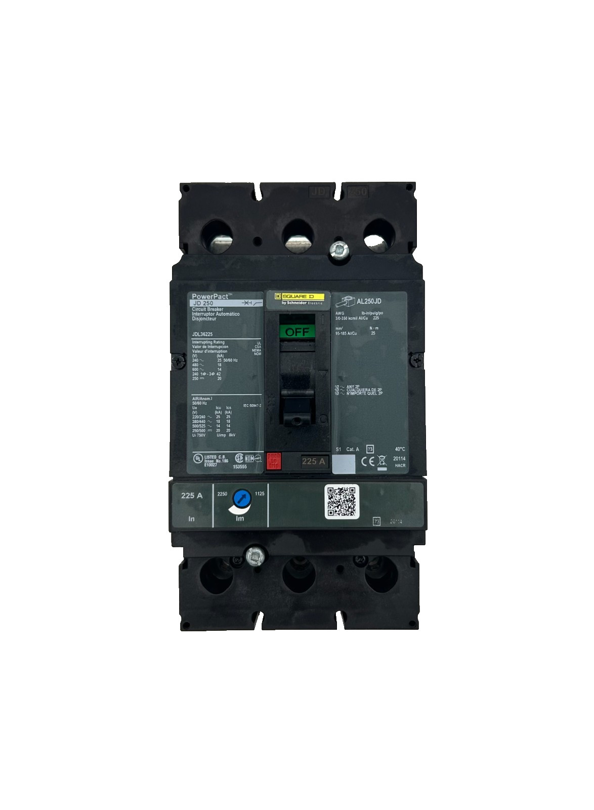 Square D JDL36225 Circuit Breaker 225A 3-Pole 600VAC