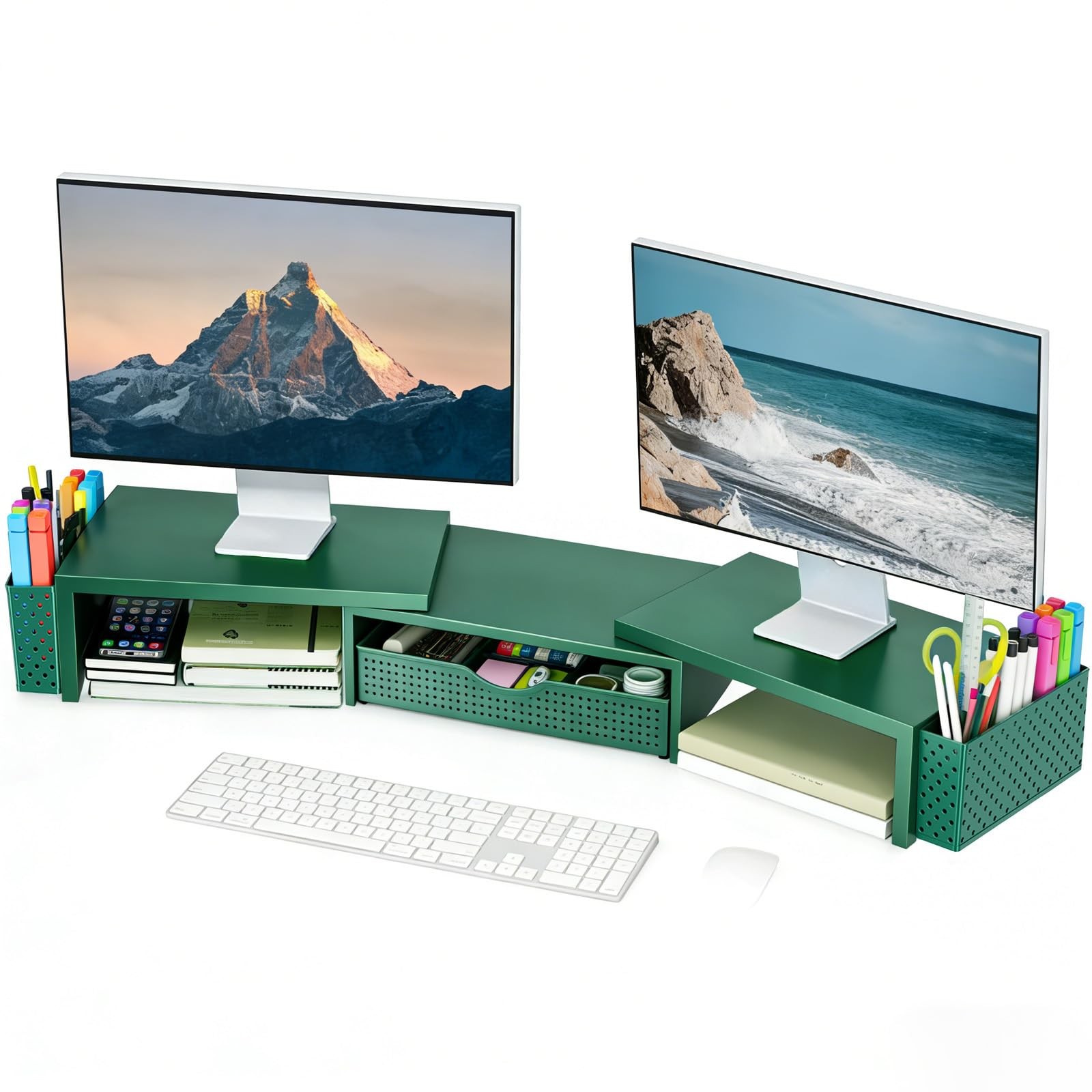 Metal Desk Organizers and , Dual Monitor Stand Riser with Drawer and 2 Pen Ho...