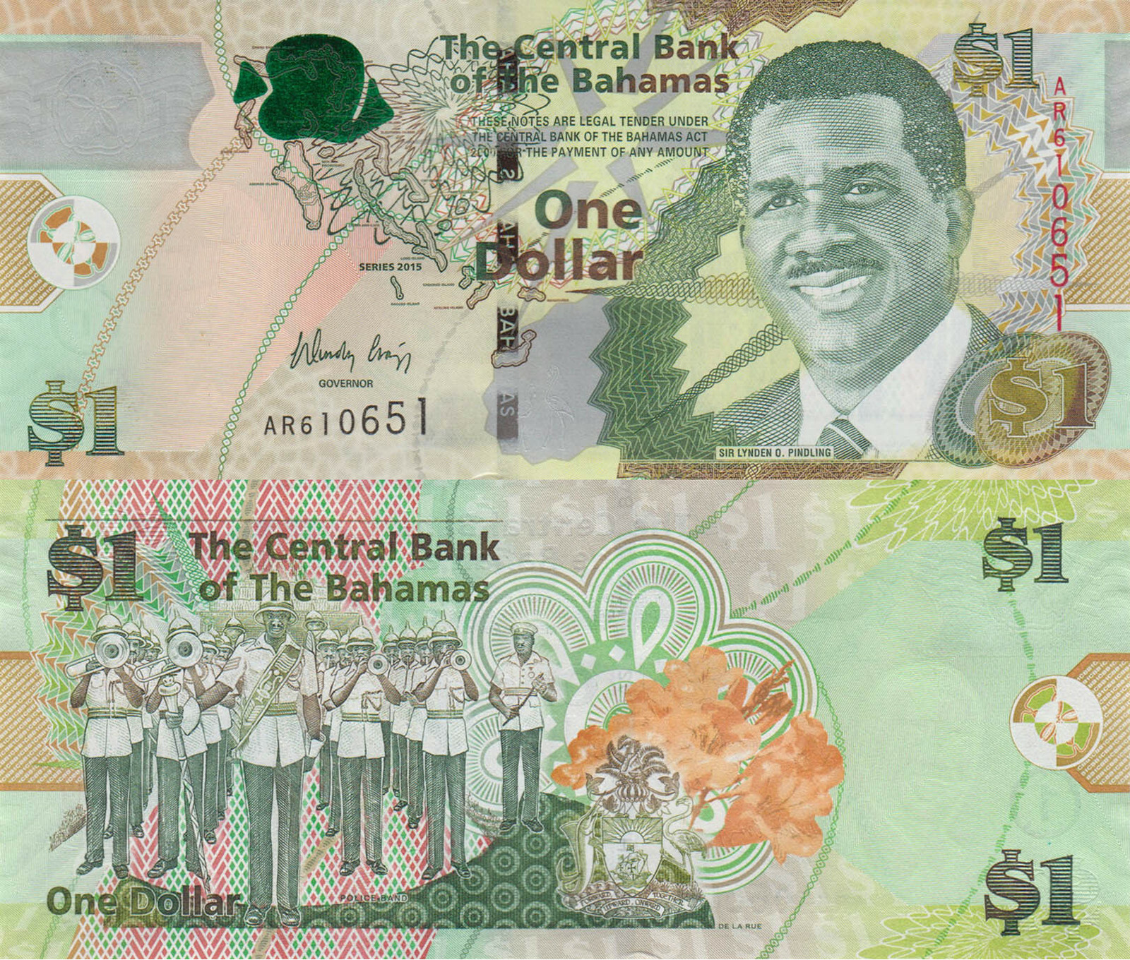 Bahamas 1 Dollar (2015) - Police Band/Green Foil Fish/p-71A UNC