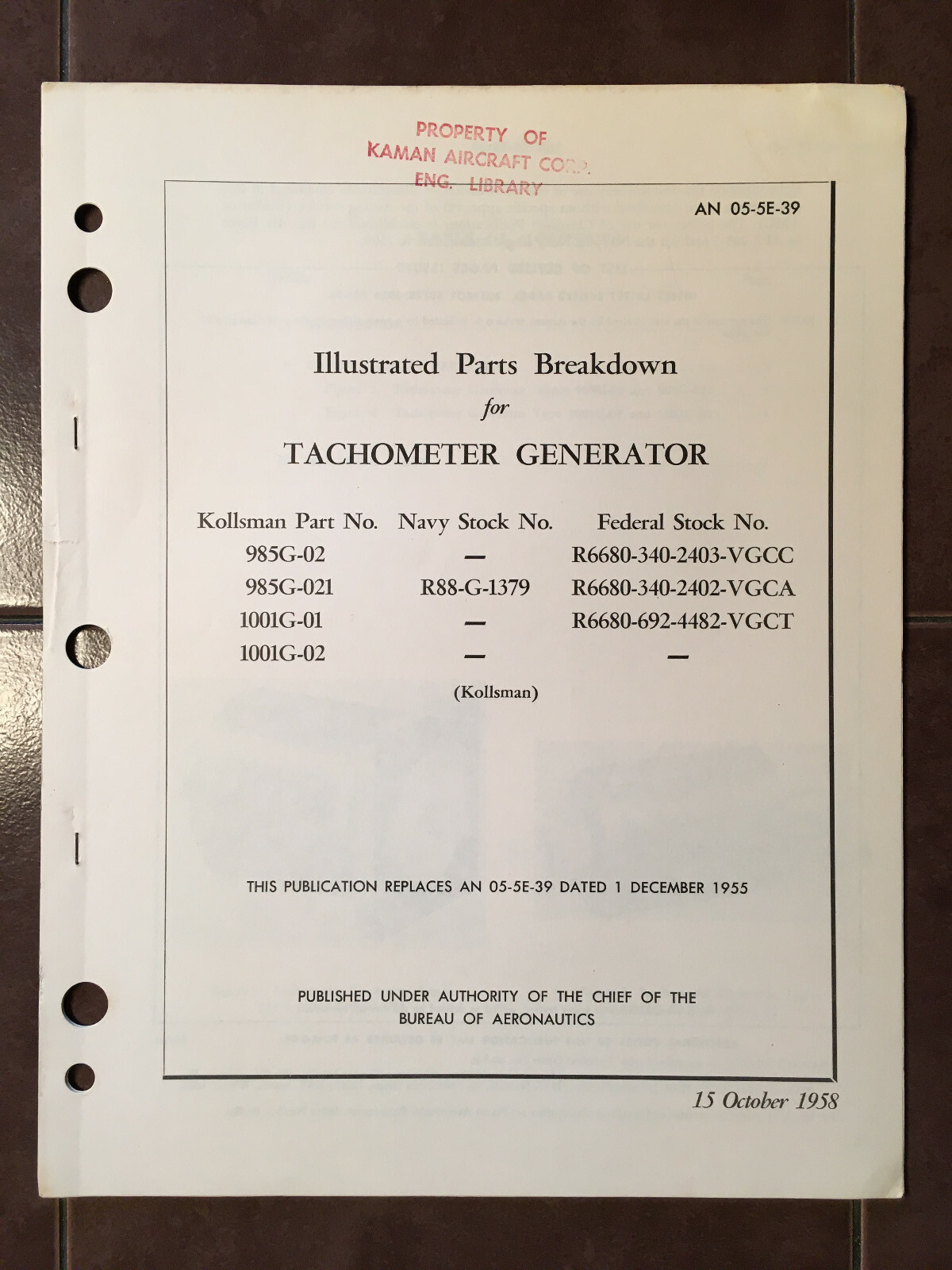 Kollsman Tachometer Generators 985G-02 985G-021 1001G-01 1001G-02 Parts Manual