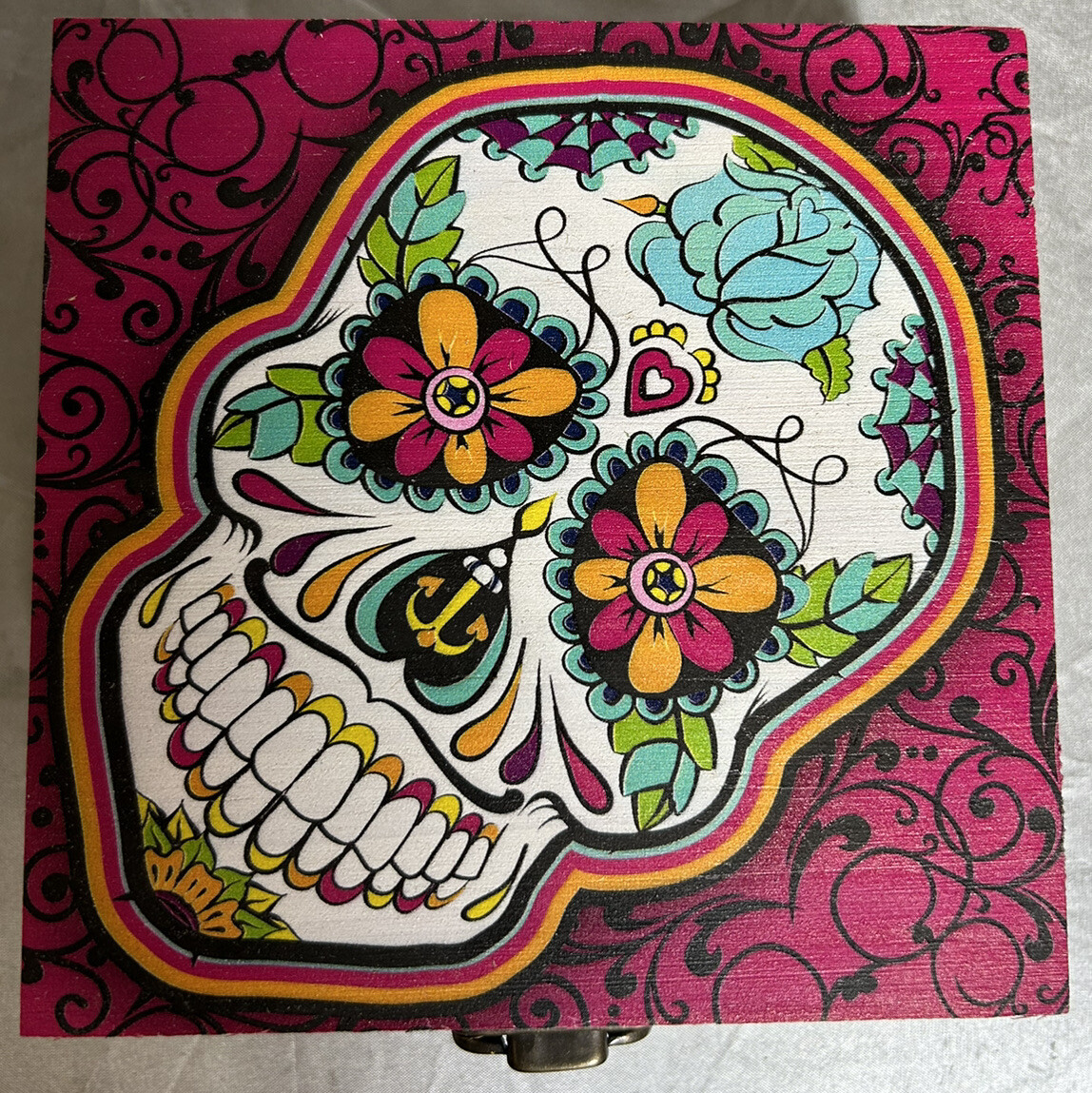 Pink Sugar Skull Decorative Lid Metal Latch Wood Bamboo Stash Box 4.75X4.75X2”