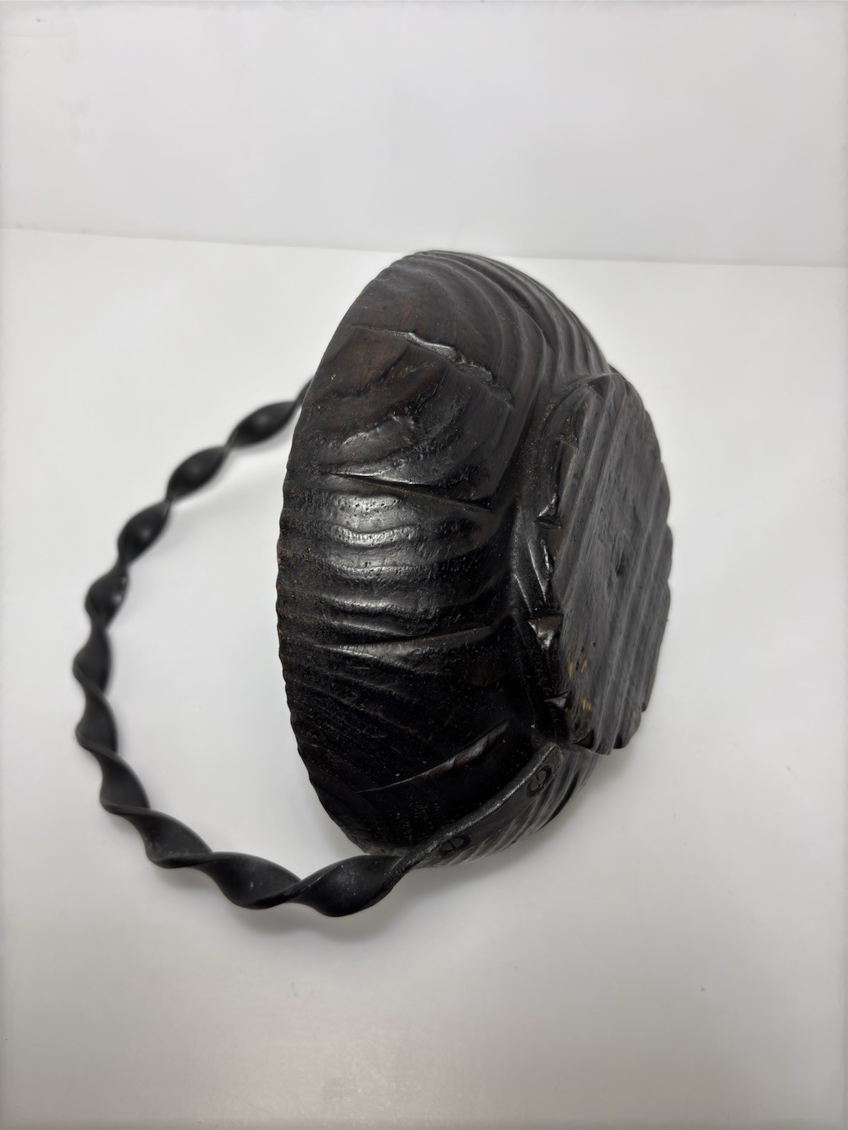 Hand Carved Ebonized Wood Bowl Twisted Iron Handle Basket Black