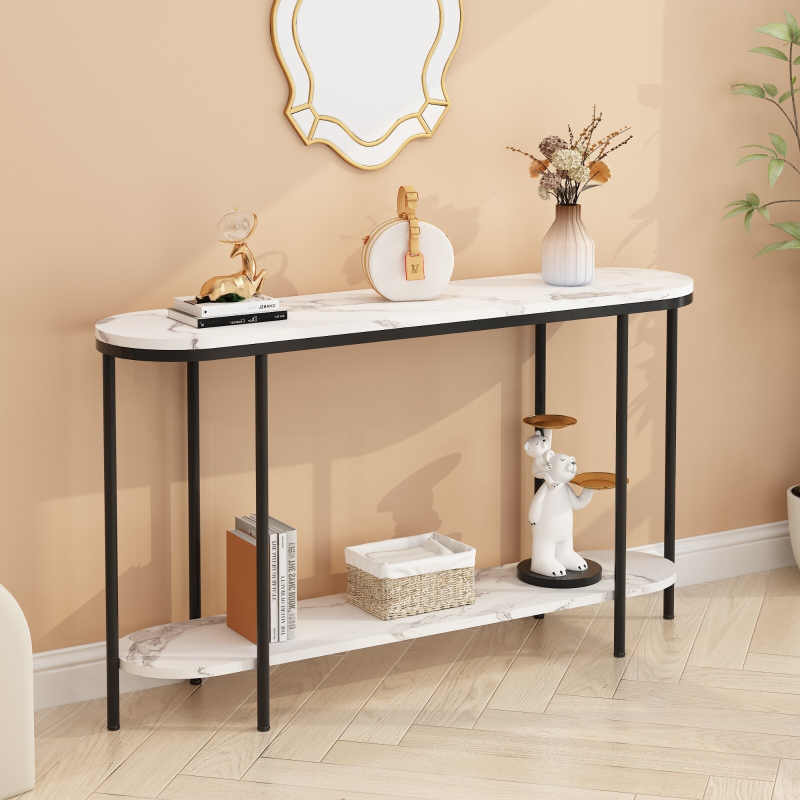 US Faux Marble Entryway Narrow Console Table w/Storage Shelves for Living Room