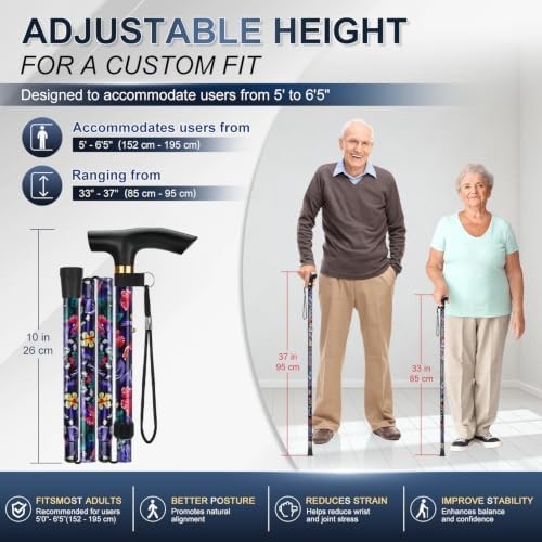 Folding Cane, 5-Level Adjustable Height Walking Stick Lightweight Collapsible Po