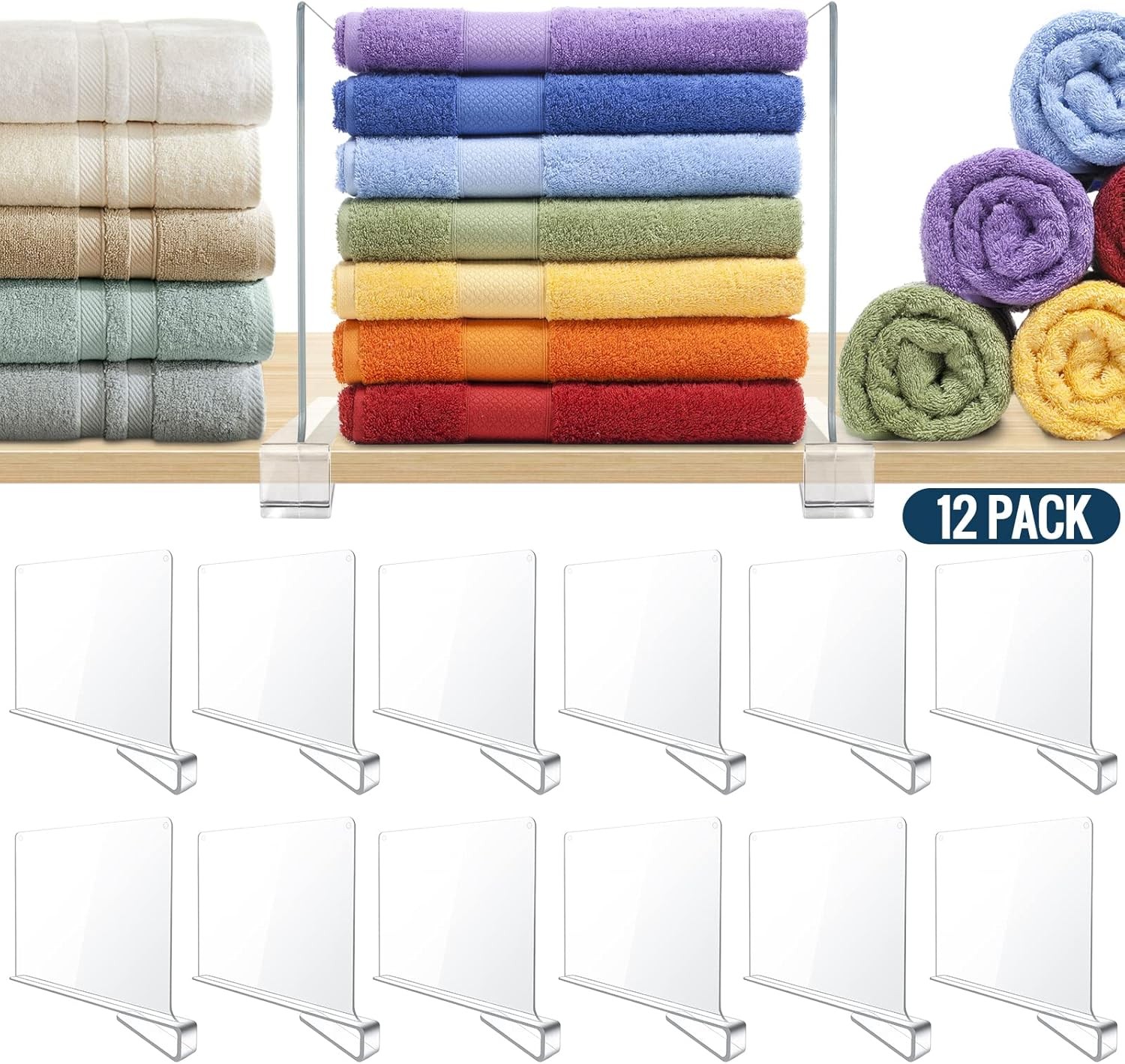 12 Pack Clear Acrylic Shelf Dividers for Closet Shelf Organizer of Bedroom Kitch
