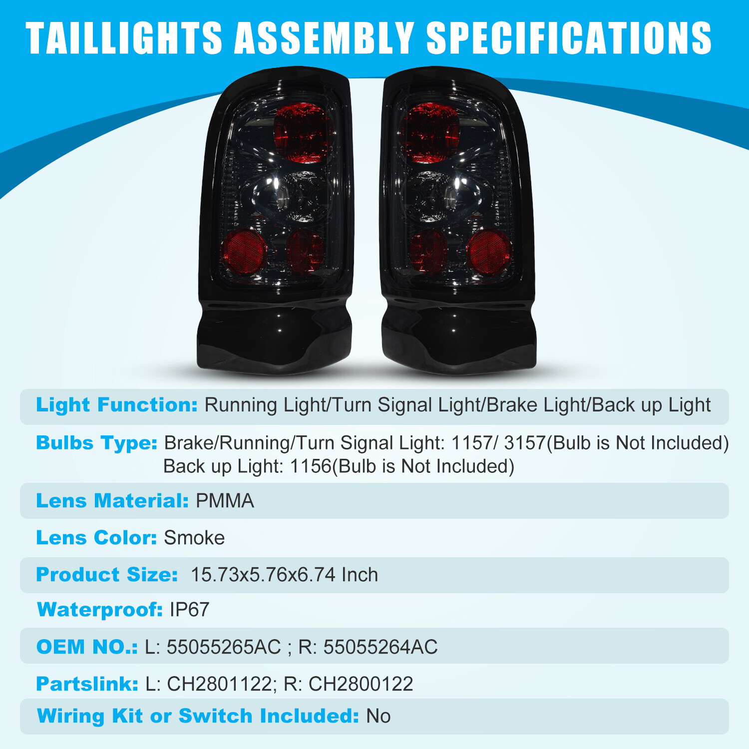Smoke Lens Tail Lights Pairs For 1994-2002 Dodge Ram 1500 2500 3500 4000 Pickup